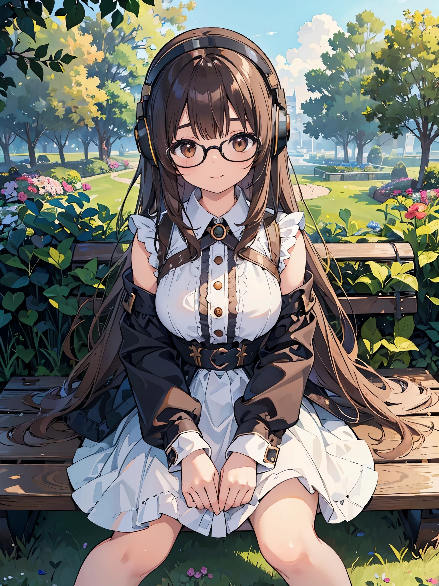 1 Female、Brown hair、Brown Eyes、Best Quality、Super detailed、8 Resolution、Raw photo、Mastepiece、Perfect Body、high resolution、highest quality、Detailed drawing、Vibrant colors、lure、smile、Long Hair、Black-rimmed glasses、Captivating breasts、Headphones、listen to music、garden、Sit on a bench