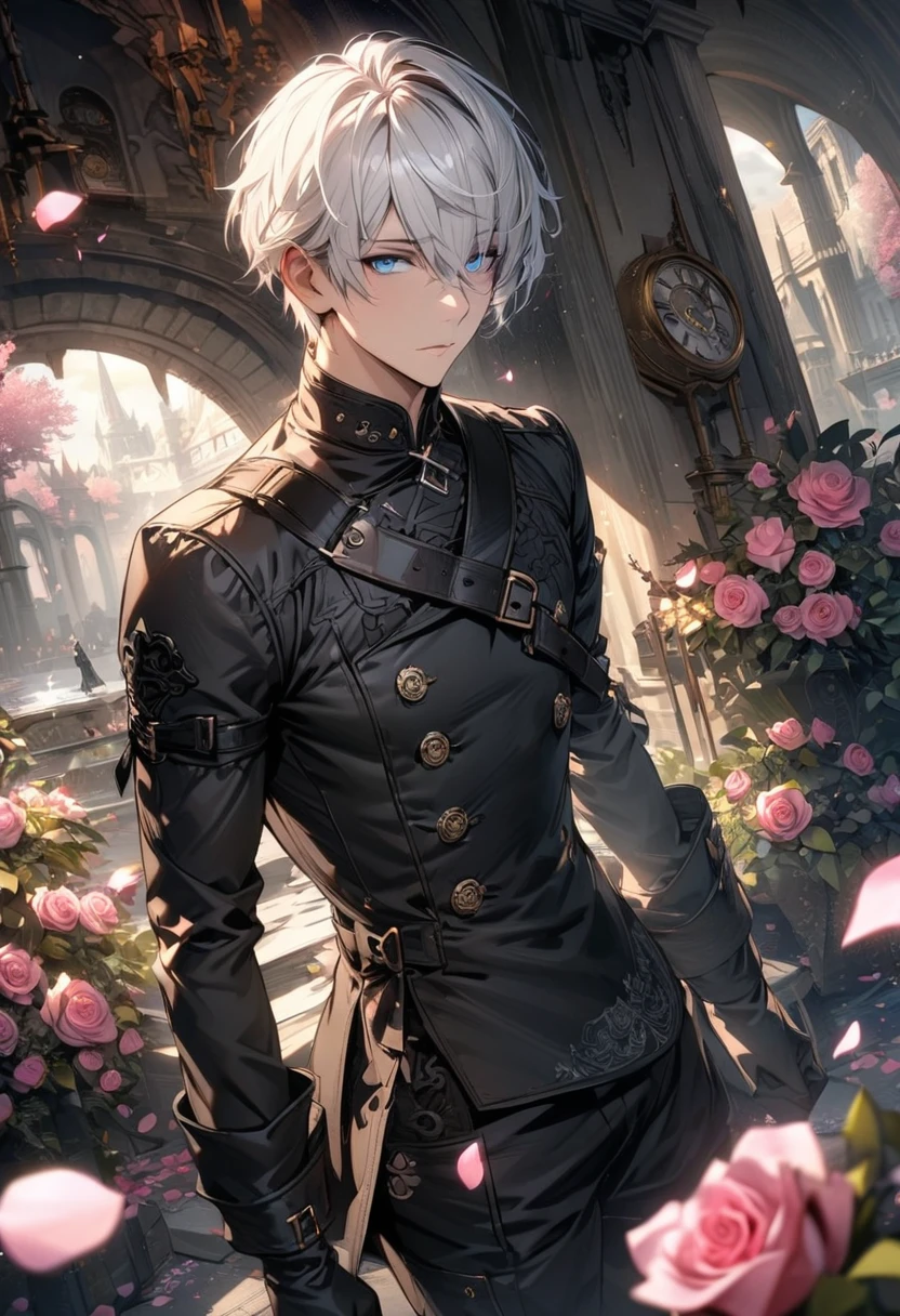 absurdres, highres, ultra detailed, HDR, masterpiece, extremely detailed face and eyes, 9s, white short hair, with bangs, expressive blue eyes, Nier Automata, solo, sexy man, handsome, pink roses, blossoms, petals, in woderland, clock