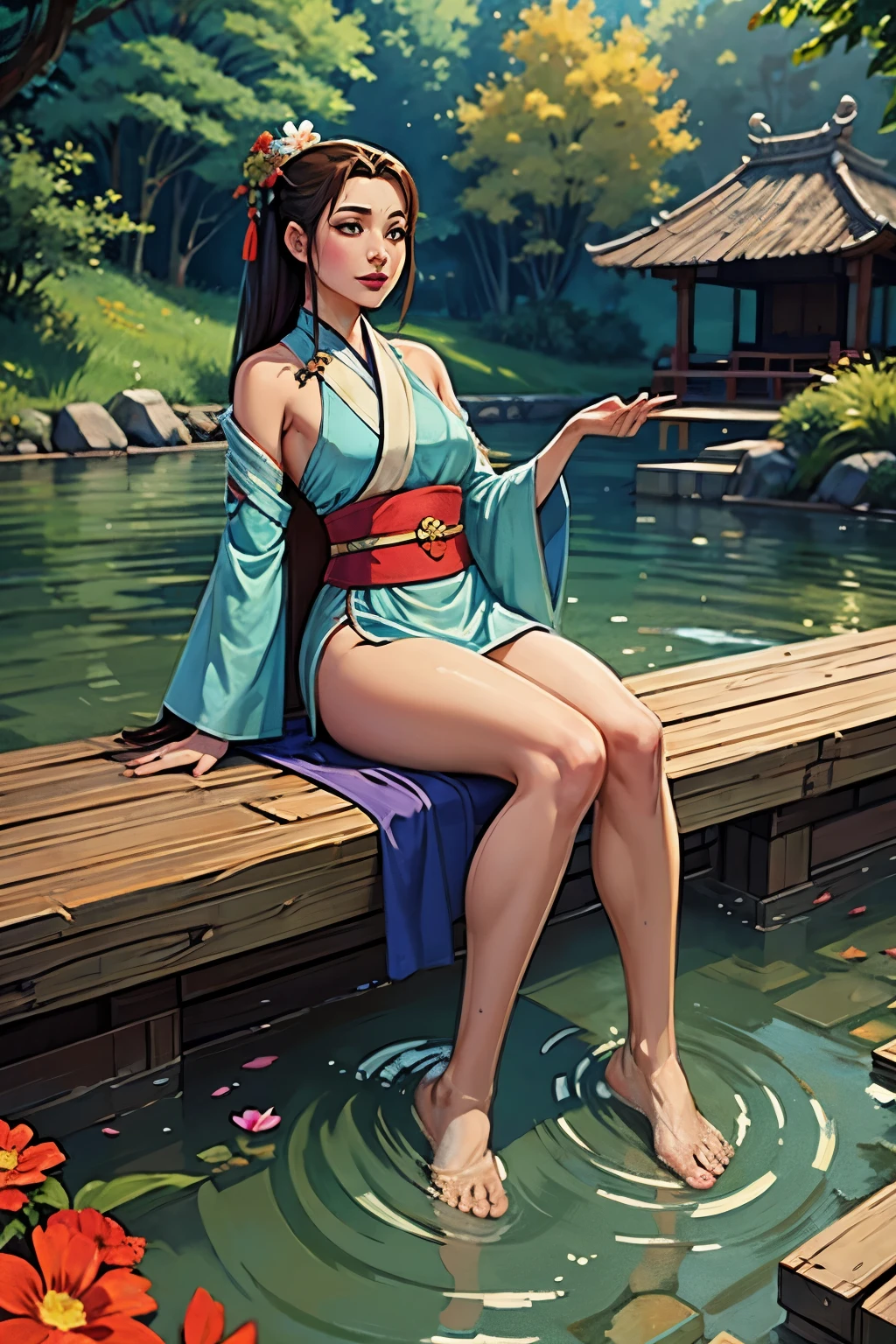 hanfu, 1 garota, medium breasts, decote, montanha, soaking feet, sentado, Chinese park background,coxas brancas,clean water,(feet:1.3), muitas flores,  