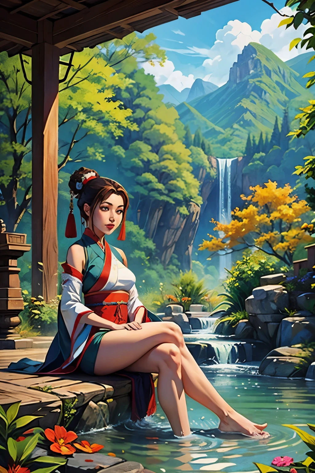 hanfu, 1 garota, medium breasts, decote, montanha, soaking feet, sentado, Chinese park background,coxas brancas,clean water,(feet:1.3), muitas flores,  