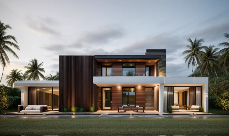 exterior house, contemporary style, white wall, wood wall, wood door, glass window, (realistic:1.2), Masterpiece, high quality, best quality, authentic, super detail, outdoors,road,pavement, grass, trees, sky, cloud, (daylight:1.1), modern luxury villa, coconut trees, greenery landscape, along the white beach, clear sky, day time, warm lighting RAW Photo, RAW texture, Super Realistic, 32K UHD, DSLR, soft lighting, high quality, film rating, Fujifilm XT3