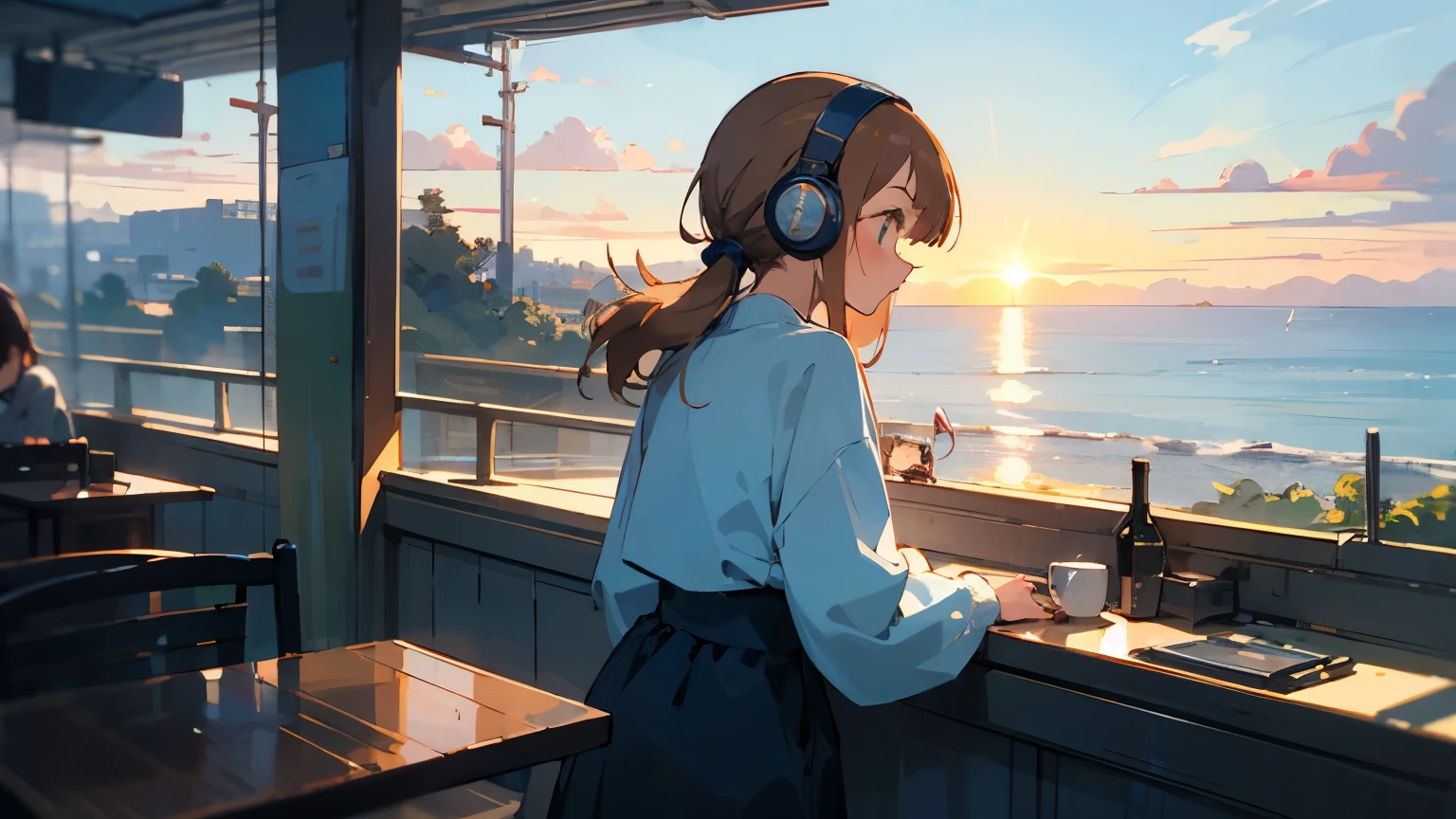 Anime style with an early 80's city pop culture vibe, Studio Ghibli vibe, cute!
,kawaii,A girl working on her pc at a cafe on a hill with a view of the ocean. She is wearing headphones and long-sleeved clothes. She is facing back. A pleasant breeze is blowing and her hair is blowing in the wind. The sun is setting. 768x432 [16 : 9].