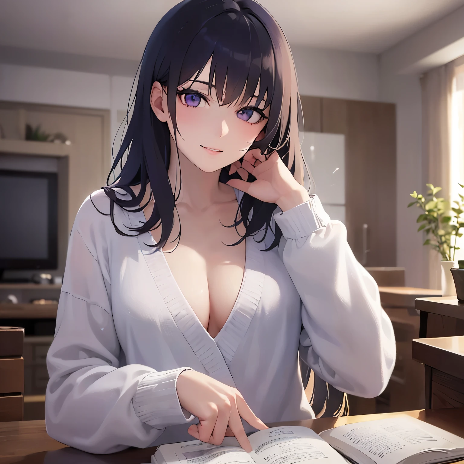 Placing hand on face, Biologically correct five fingers、Cleavage、Upper Body, Realistic, real person, (pale skin: 1.2), shiny skin, shiny hair、(A 25-year-old woman with straight hair and bangs) and (medium hair) and (black hair) and (purple eyes) , (white) and (T-shirt) 、smile, The background is the living room、Alone、Are standing