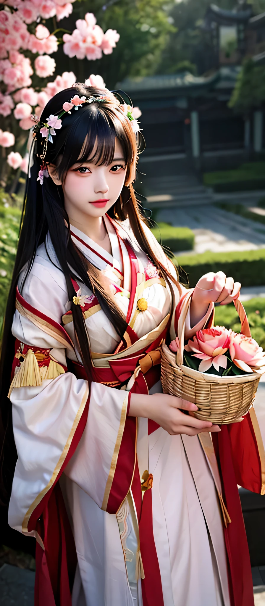 Anime visuals of cute girls, Bust of a young girl holding a basket of flowers, A girl wearing Hanfu with delicate facial features and Q-version CG effects, Chinese Girl, Realistic cute girl, Red Dress Style, Lotus flower crown girl,, Beautiful character painting, Lovely and beautiful background blur a full moon surrounded by fireflies at night