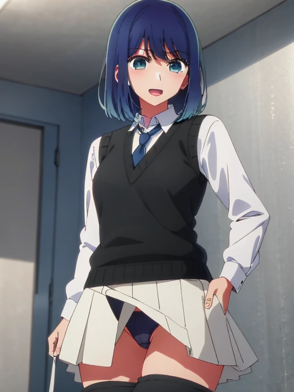 Beautiful lighting, One Girl, solo, Akane, White shirt, (((skirt))),Sweater vest, Black vest, Blue tie, ((Anime Style))、((2D))、Laughter、Open your mouth、Look forward,((Cotton panties with crotch)),(((skirtめくり, I can see your pants))),squat,From below,blush,Embarrassing,skirtを持ち上げる