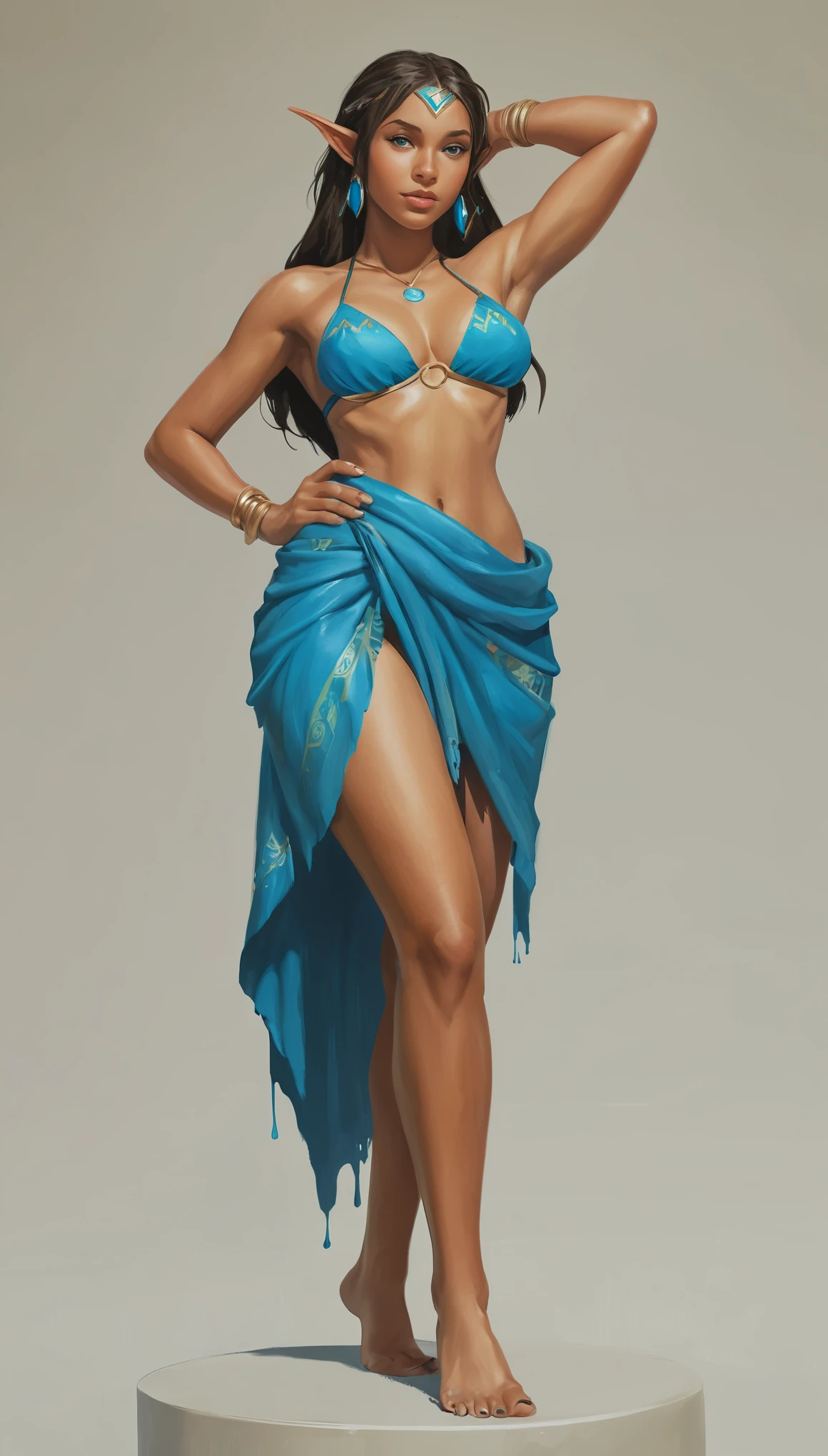 An illustrated movie poster, hand-drawn, full color, a teenage elven girl, wearing a sarong bikini, sun-tanned complexion, very tall, athletic body, hourglass figure, curvy, slightly chubby, bottom-heavy, generous hips, massive bubble-butt, long legs, ridiculously thick powerful thighs, azure blue eyes, long pointy elf ears, dark hair, shaggy bob, posing on a pedestal, wet glistening skin, hard shadows, graphite shading, stencil marks, airbrushed acrylic paint, masterpiece, in the style of Breath of the Wild 