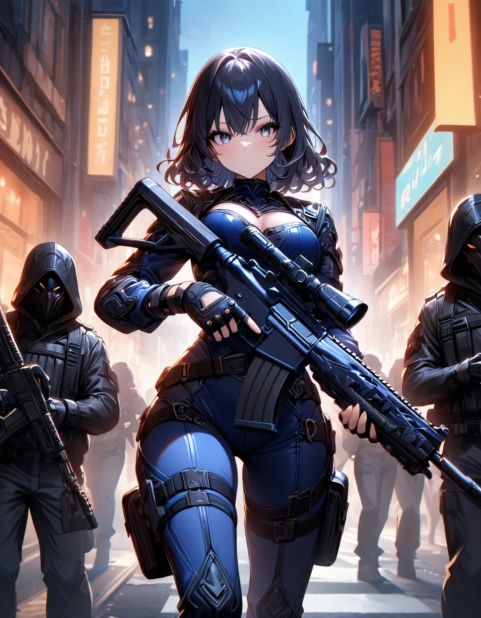 best quality, masterpiece, highres, 1girl, blue bodysuit, red bodice, black boots, using an assault rifle, black leather jacket, fingerless gloves, black hair, short hair, wavy hair, hazel eyes, beautiful detailed eyes, beautiful detailed face, solo, solo focus, (perfect hands), perfect anatomy, perfect proportions, medium breasts, New York street backdrop, night noir atmosphere