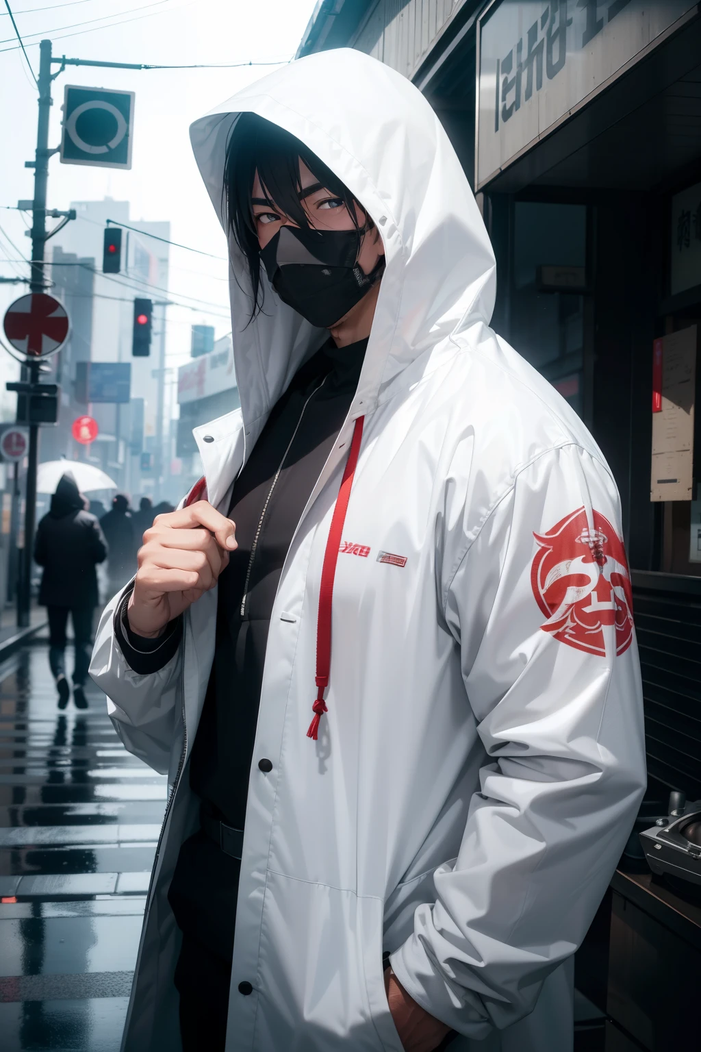 Cinematic lens effect, capturing every minute detail in 8k resolution, brings to life a man clad in a Japanese Oni Mask, standing determinedly on a wet and slicked street. His white hooded jacket clings to his tall frame, and his eyes concealed behind the mask, exude a sense of intensity and readiness. The depth of field lends a cinematic depth to the image, showcasing the man's every muscle, every fiber of his cloth, in super resolution. The best quality of this masterpiece presents the intricate details of the mask's texture and the realistic veins on the man's hand that grips the pump action shotgun, ready to spring