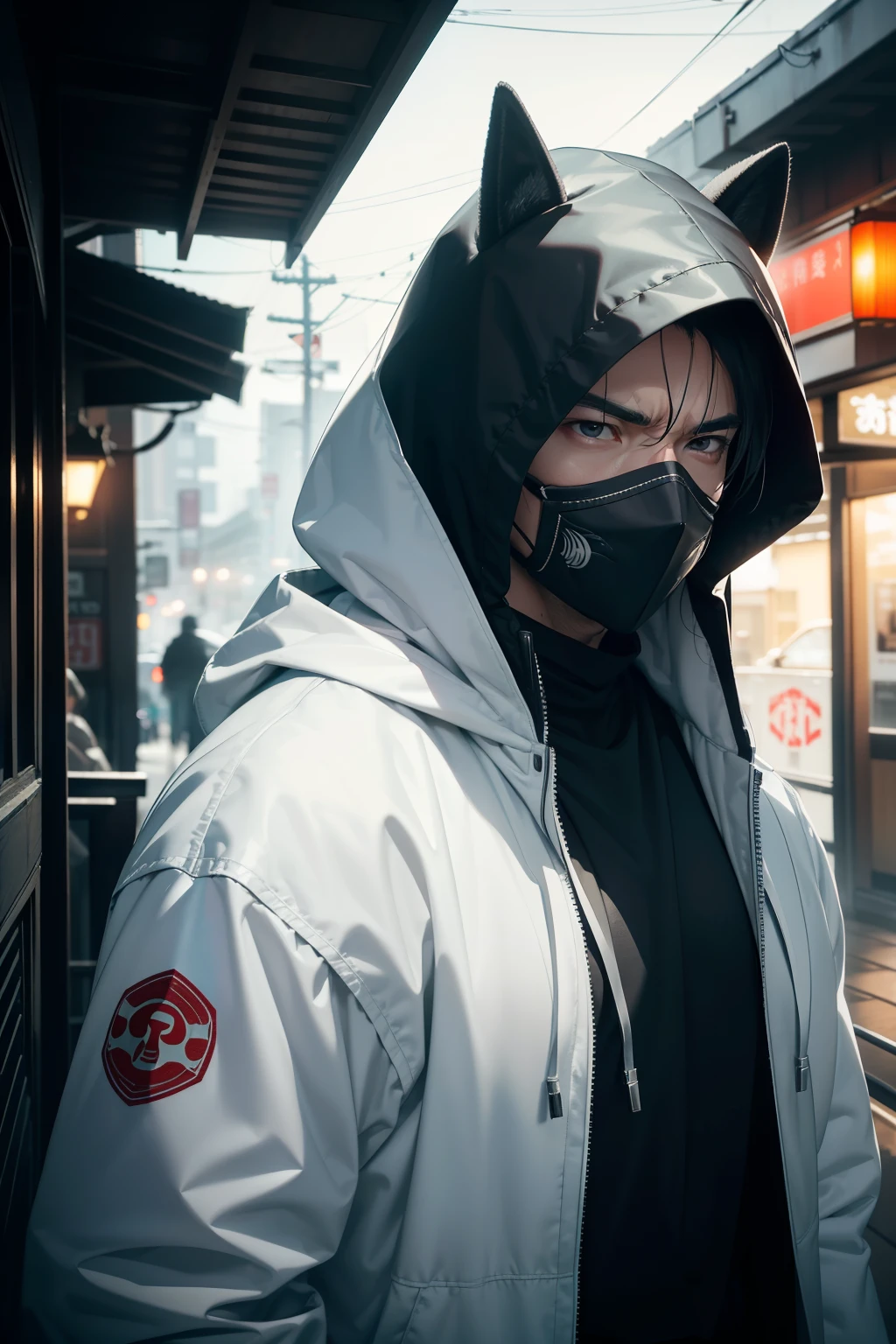 Cinematic lens effect, capturing every minute detail in 8k resolution, brings to life a man clad in a Japanese Oni Mask, standing determinedly on a wet and slicked street. His white hooded jacket clings to his tall frame, and his eyes concealed behind the mask, exude a sense of intensity and readiness. The depth of field lends a cinematic depth to the image, showcasing the man's every muscle, every fiber of his cloth, in super resolution. The best quality of this masterpiece presents the intricate details of the mask's texture and the realistic veins on the man's hand that grips the pump action shotgun, ready to spring