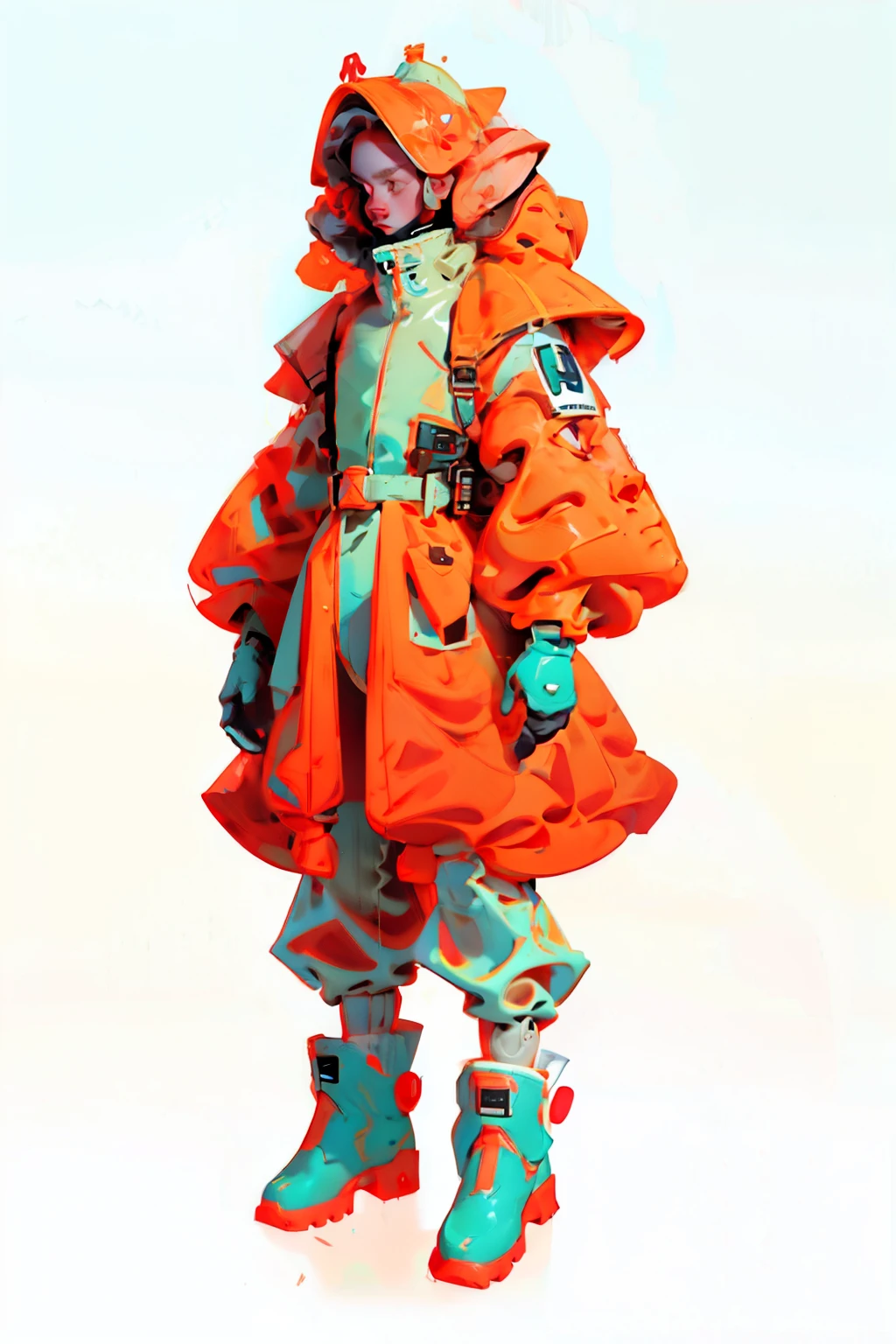  (ultra detailed,ultra high res,detailed background),((2D)),((flat color)),((muted color)), 1solo, looking at viewer, white hazmat suit, (big red galoshes), plush collar, full body image, square helmet