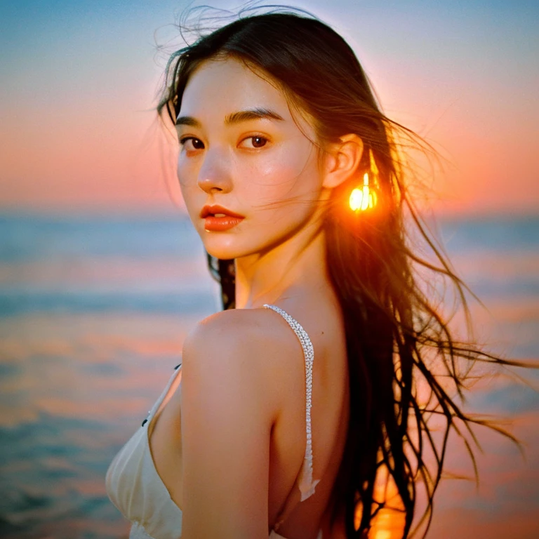 summer、Ocean、sunset、young woman、beauty、thin、Long Hair、Fair skin、Delicate face、Beautiful woman in her 20s