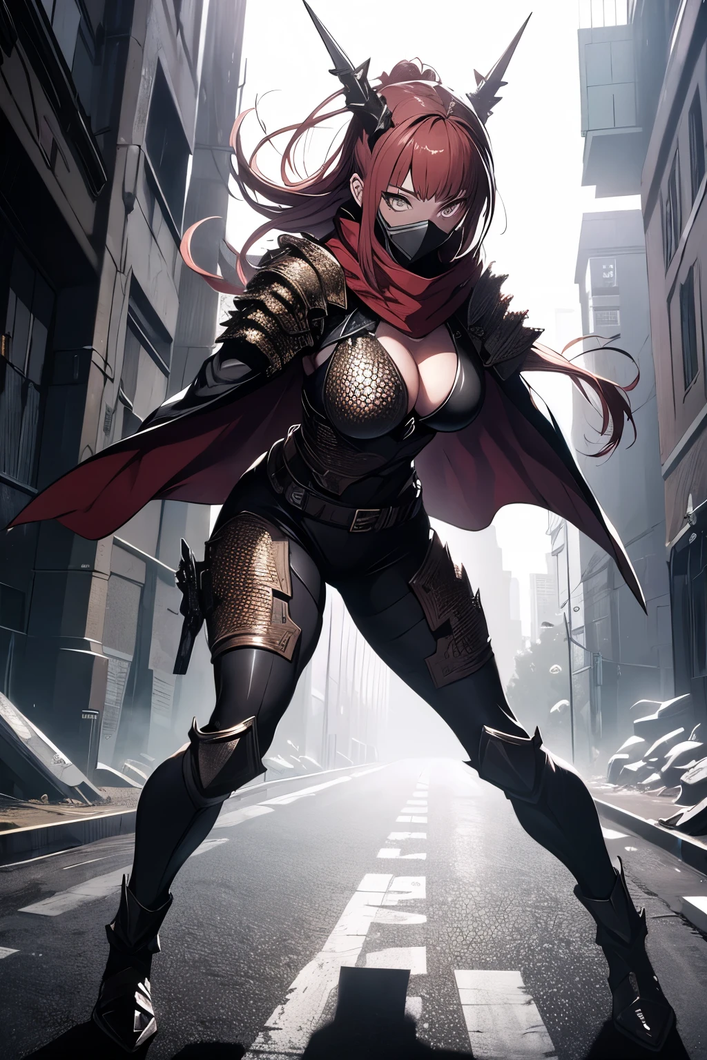 She was a young girl with , she wore a scaly mostly black with red patterns half cloth and half metal armour that covered most of her body. Her equipment consisted of a red cloak and scarf covered that most of her face, a red ribbon used to tie her long hair into a ponytail, a hard, scaly chest piece that went into cloth pants that had various scaly and metal guards, elegant black and red metal shoes that went up almost to her knees, long, scaly gloves that went almost up to her elbows. And, just like Moby's armour, despite all the metallic and scaly materials, the armour was still fairly light and allowed her to be very nimble while wearing it.