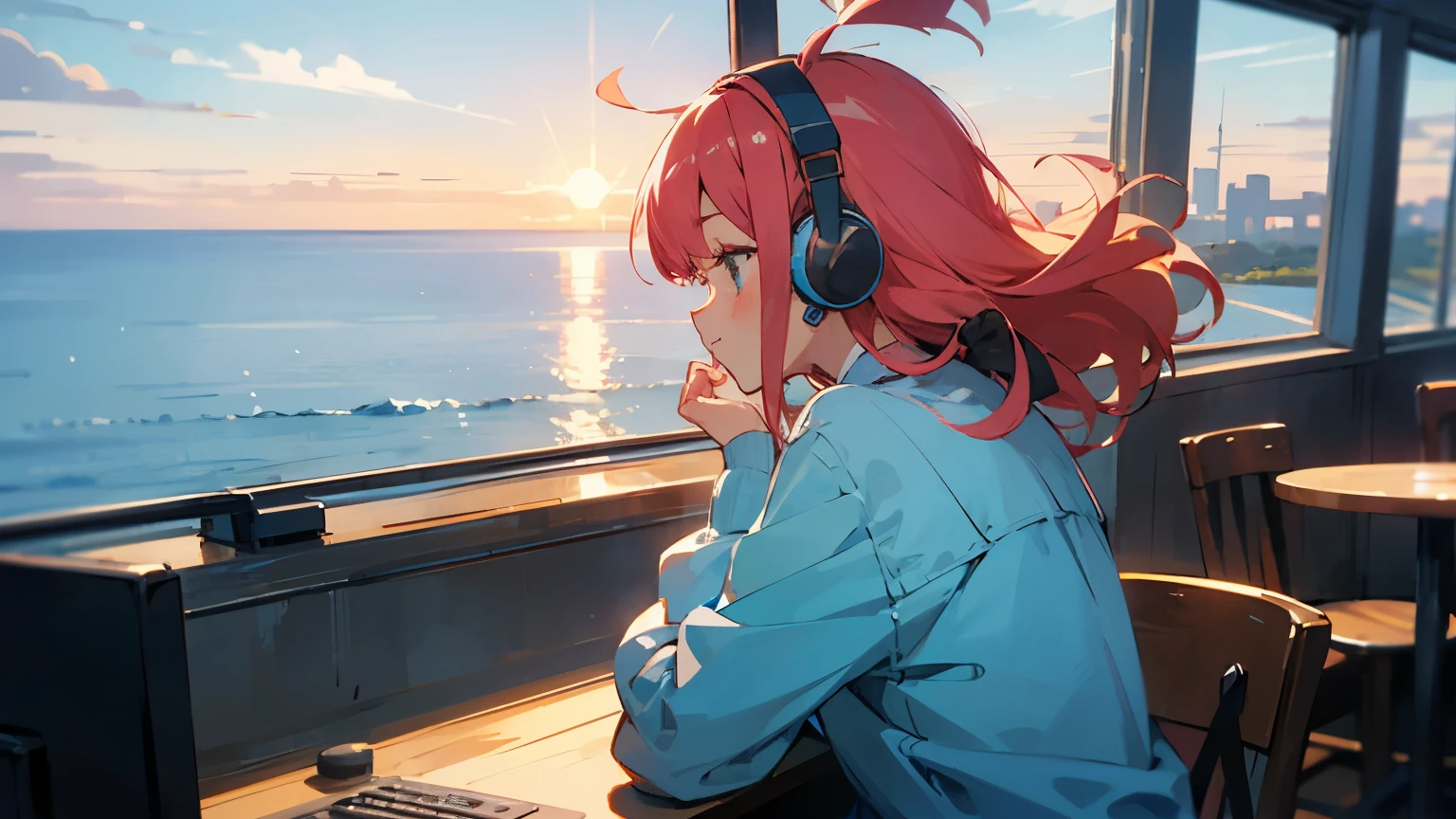 Anime style with an early 80's city pop culture vibe, cute!
,kawaii,A girl working on her pc at a cafe on a hill with a view of the ocean. She is wearing headphones and long-sleeved clothes. She is facing back. A pleasant breeze is blowing and her hair is blowing in the wind. The sun is setting. 768x432 [16 : 9].