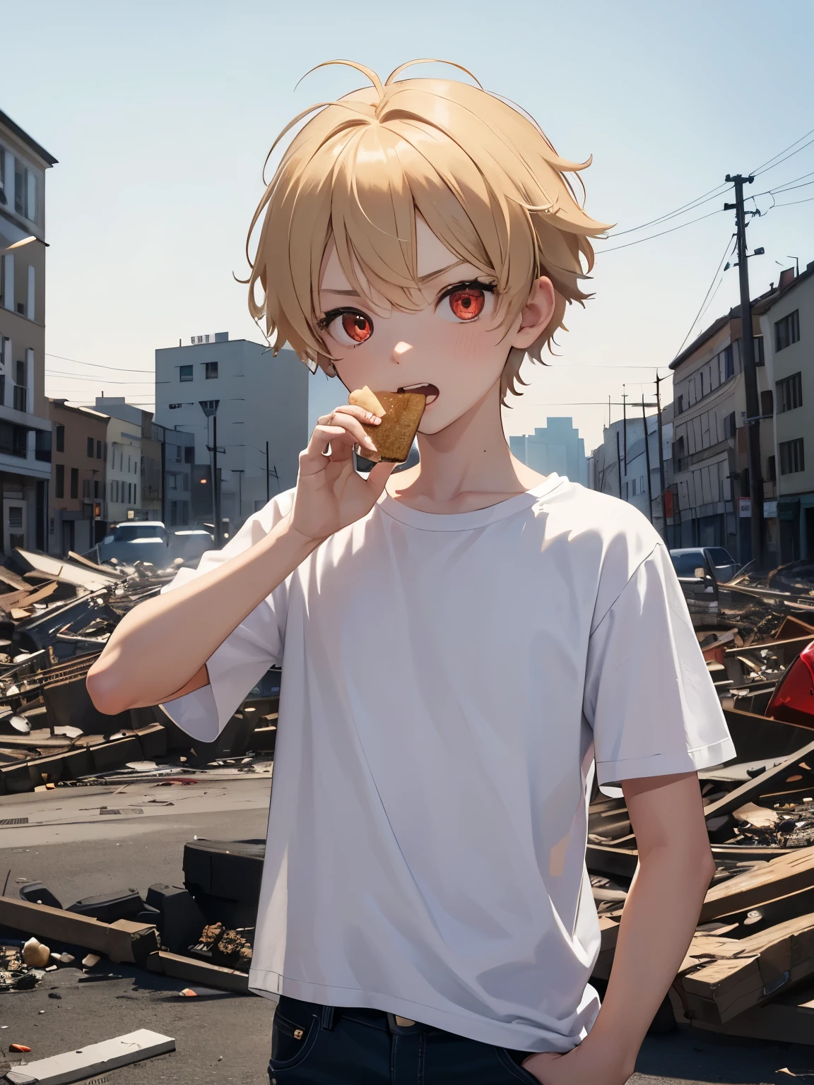 1 boy,guy,5 years old,Walk,Eating bread, visible teeth,background of collapsed buildings,,Short blonde hair,cool,messy hair,Hands crossed, wearing White t-shirt,plain t-shirt,white shorts,red eyes, bright red eyes,Plain t-shirt,half body photo