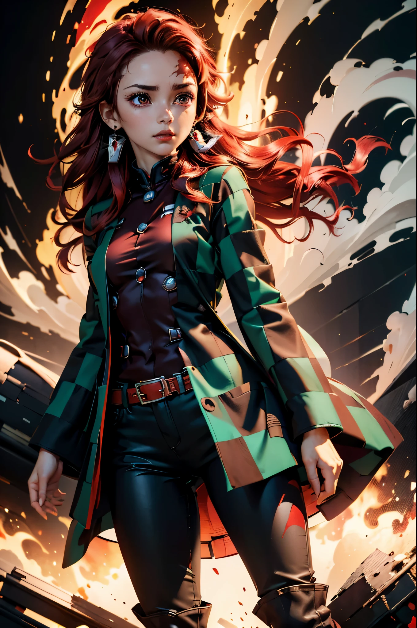 (masterpiece), best quality, expressive eyes, perfect face, highres, (female1.5), 1 girl, solo,(Tanjiro), (OriginalOutfit), (Scar,Scar on forehead, Checkered Clothes, 1Girl, Red Hair), (long red hair),(black and green plaid coat),(black pants), fantasy background, standing, upper body portrait, looking at the viewer,