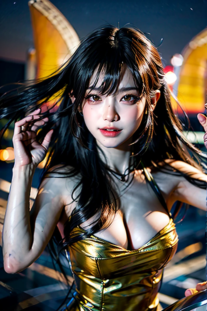 (masterpiece), best quality, ultra high res, close up, slim body, 1girl,, long hair, laughing, ramen, night, Ocean sunset background, colorful lights, photon mapping, radiosity, physically-based rendering, cinematic lighting, intricate, High Detail, Sharp focus, dramatic, photorealistic  