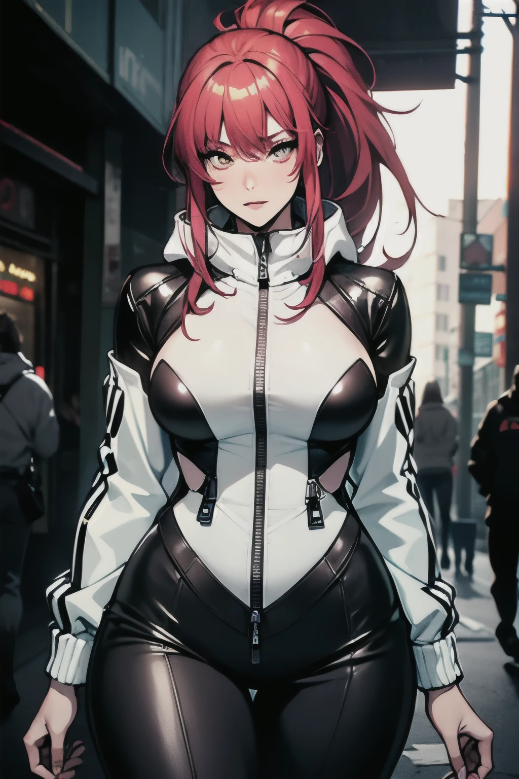 A stunning image of a scared and embarrassed redheaded woman, hair in a ponytail, her bright eyes super detailed, full lips painted red, chiseled physique and wide hips. She wears a closed black leather jumpsuit, whose shiny surface accentuates her shape. A windbreaker with a hood and a neon pink interior covers your shoulders. Walking down a busy street, she attracts glances from onlookers. This image exudes realism, capturing the essence of a fragile and embarrassed figure. Digital art, high definition and photorealistic technique