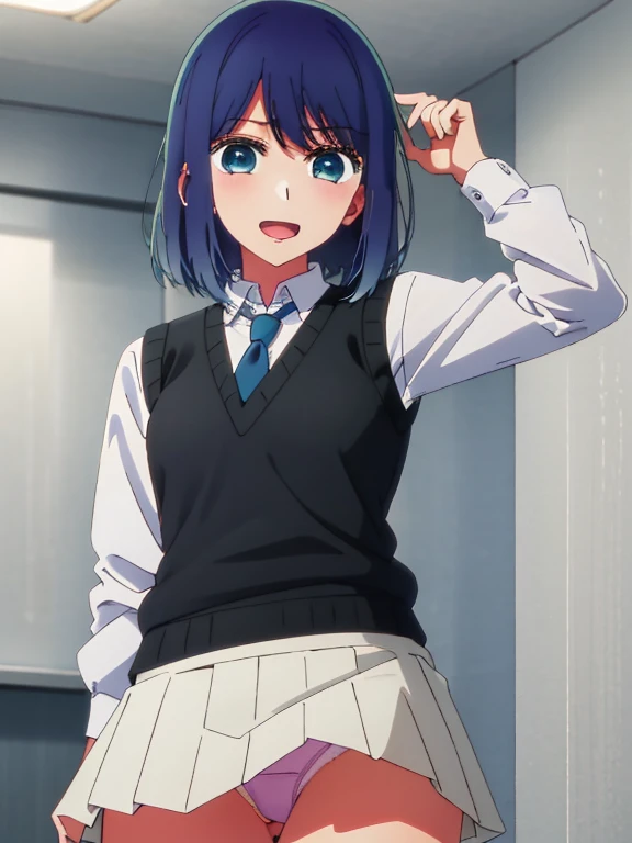 Beautiful lighting, One Girl, solo, Akane, White shirt, (((skirt)))，Sweater vest, Black vest, Blue tie, ((Anime Style))、((2D))、Laughter、Open your mouth、Look forward，((Cotton panties with crotch))，(((skirtめくり, I can see your pants)))，squat，From below，blush，Embarrassing，skirtを持ち上げる