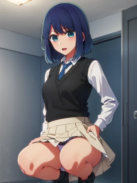 Beautiful lighting, One Girl, solo, Akane, White shirt, (((skirt))),Sweater vest, Black vest, Blue tie, ((Anime Style))、((2D))、Laughter、Open your mouth、Look forward,((Cotton panties with crotch)),(((skirtめくり, I can see your pants))),squat,From below,blush,Embarrassing,skirtを持ち上げる