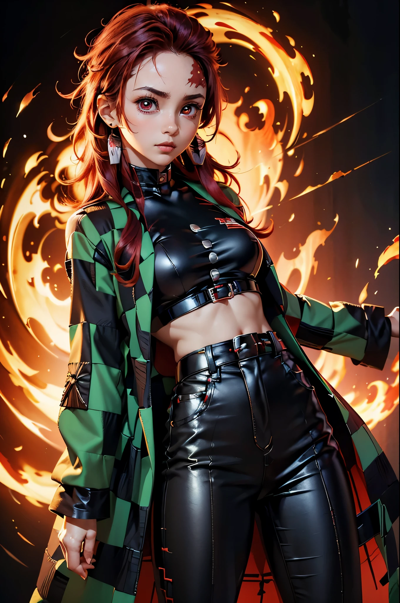 (masterpiece), best quality, expressive eyes, perfect face, highres, (female1.5), 1 girl, solo,(Tanjiro), (OriginalOutfit), (Scar,Scar on forehead, Checkered Clothes, 1Girl, Red Hair), (long red hair),(black and green plaid coat),(black pants), fantasy background, standing, upper body portrait, looking at the viewer,