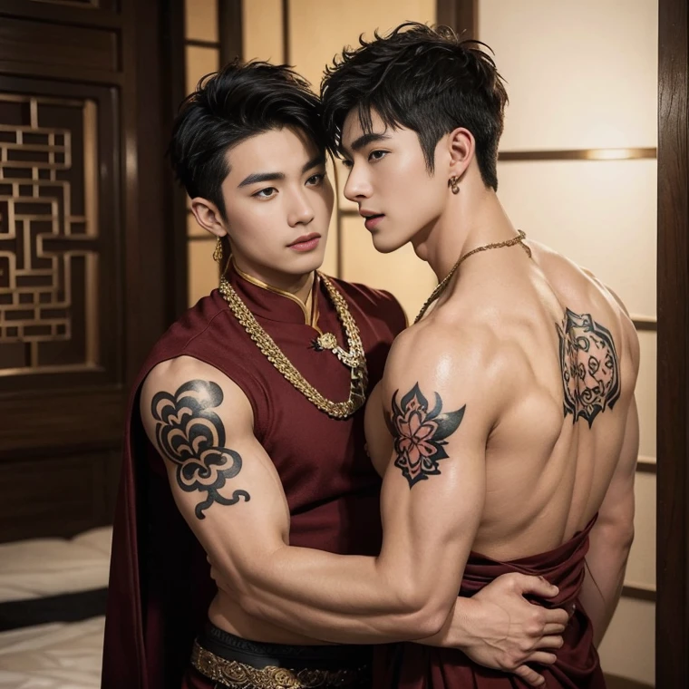 Two handsome boys kissing, smiling at each other, catching eyes ,hugging, kissing, touching lips, cuddle, romantic,skin ship, Chinese Men God, Mythology, realistic, Chinese odyssy, super Handsome,manly, kpop idol, handsome korean actor, 20 years old,, detailed face, manly jawline, detailed mess curly styling hair, Topless, Muscles, big breast Athlete body, Full Frame,full body shoots, Sexy, realistic, human skin, tattoo breast, Professional studio Lighting, long red tibet wedding Outfit, jade and golden pendent all over , detailed jewery in dress, earings,Chinese ancient wedding Background,out door, super detailed background,look at camera , open mouth, sexy Underneathe Underwear, tibet Warrior, Hanfu red wedding dress, tibet Male, tibet Nobel, Seduce , bare chest , tattoo chest, tattoo arms, tattoo hands, tattoo back, tattoo legs , detailed tattoos, big juicy butts, bare butts