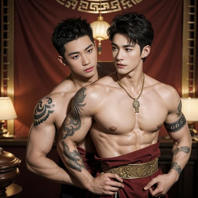 Two  handsome boys kissing, smiling at each other, catching eyes ,hugging, kissing, touching lips, cuddle, romantic,skin ship, Chinese Men God, Mythology, realistic, Chinese odyssy, super Handsome,manly,  kpop idol, handsome korean actor, 20 years old,, detailed face, manly jawline, detailed mess curly styling hair,  Topless, Muscles, big breast Athlete body, Full Frame,full body shoots, Sexy, realistic, human skin, tattoo breast, Professional studio Lighting, long red tibet wedding Outfit, jade and golden pendent all over , detailed jewery in dress, earings,Chinese ancient wedding Background,out door, super detailed background,look at camera ,  open mouth, sexy Underneathe Underwear, tibet Warrior, Hanfu  red wedding dress,  tibet Male, tibet Nobel, Seduce , bare chest , tattoo chest, tattoo arms, tattoo hands, tattoo back, tattoo legs , detailed tattoos, big juicy butts, bare butts