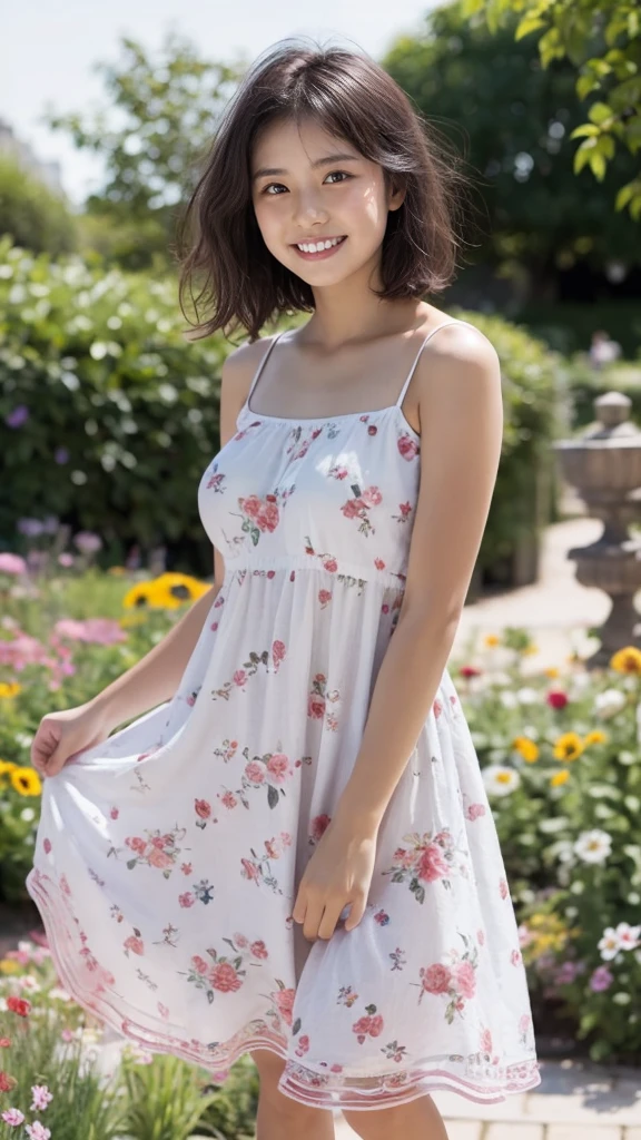 masterpiece, highest quality, disorganized, perfect anatomy, 1 girl, alone, pascal tales, short hair, beautiful, Hilarious, sunny day, botanical garden, Summer winds, sundress, Floral, wavy hair, smile