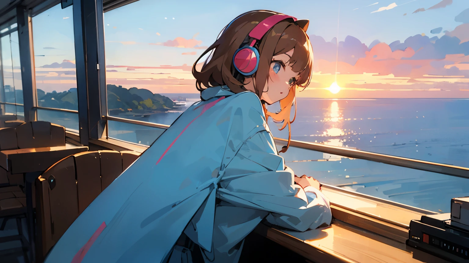 Anime style with an early 80's city pop culture vibe, cute!
,kawaii,A girl working on her pc at a cafe on a hill with a view of the ocean. She is wearing headphones and long-sleeved clothes. She is facing back. A pleasant breeze is blowing and her hair is blowing in the wind. The sun is setting. 768x432 [16 : 9].