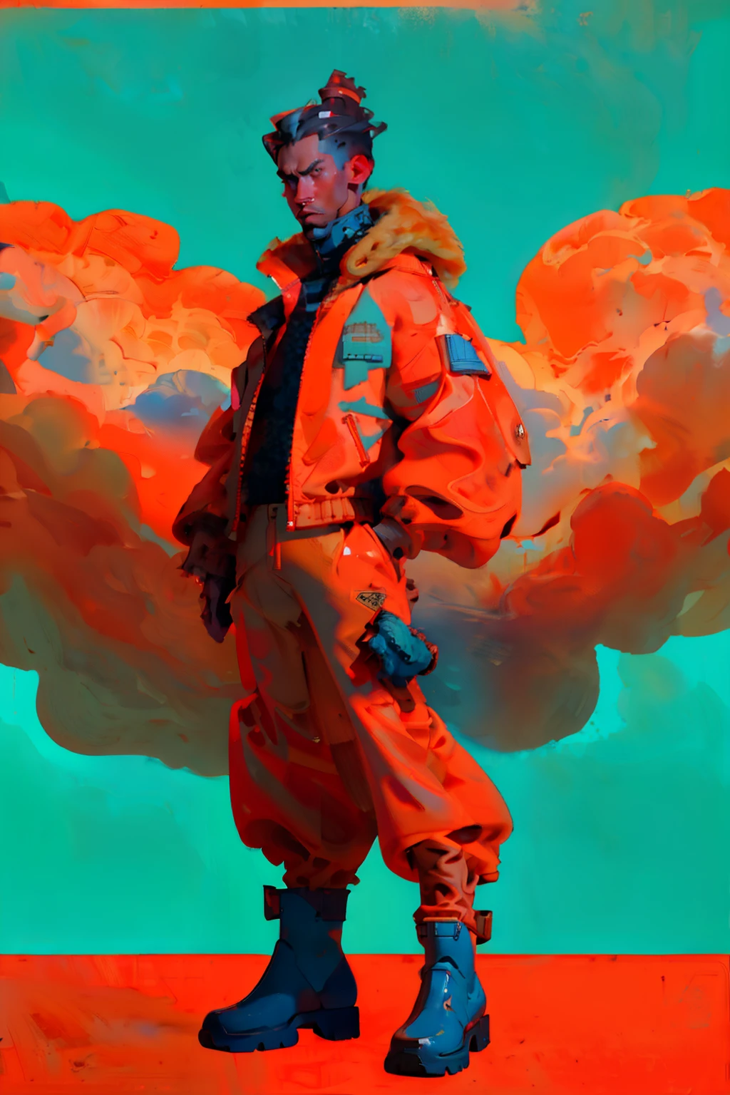 full body image, (ultra detailed,ultra high res,detailed background),((2D)),((flat color)),((muted color)), 1solo, looking at viewer, baggy flight suit, large fur collared bomber jacket, (big red galoshes), plush collar, full body image, square helmet, ((smokey blue background)), ((apocalyptic city)), entire body in frame, 