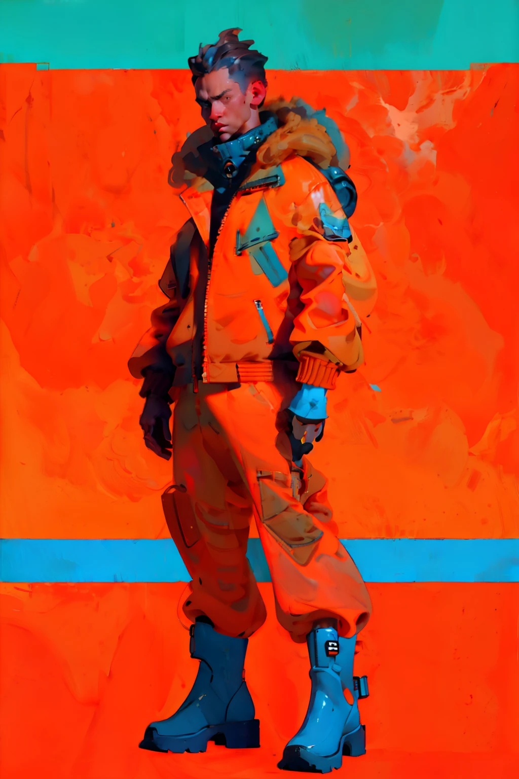 full body image, (ultra detailed,ultra high res,detailed background),((2D)),((flat color)),((muted color)), 1solo, looking at viewer, baggy flight suit, large fur collared bomber jacket, (big red galoshes), plush collar, full body image, square helmet, ((smokey blue background)), ((apocalyptic city)), entire body in frame, 