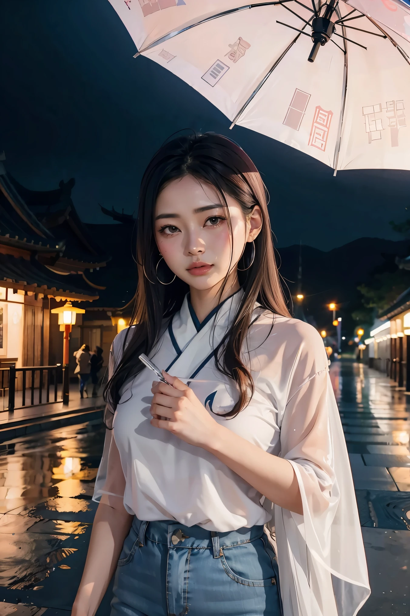 On the rainy playground, the girl hit the umbrella above her head, and held an umbrella in her other hand, blue denim leggings, masterpiece superb night moon full moon 1 female mature woman, Chinese sister royal sister cold face showing silver white long hair woman light pink lips calm intellectual three banded gray assassin lantern lantern flower ball background strolling street scene, long hair shawl,