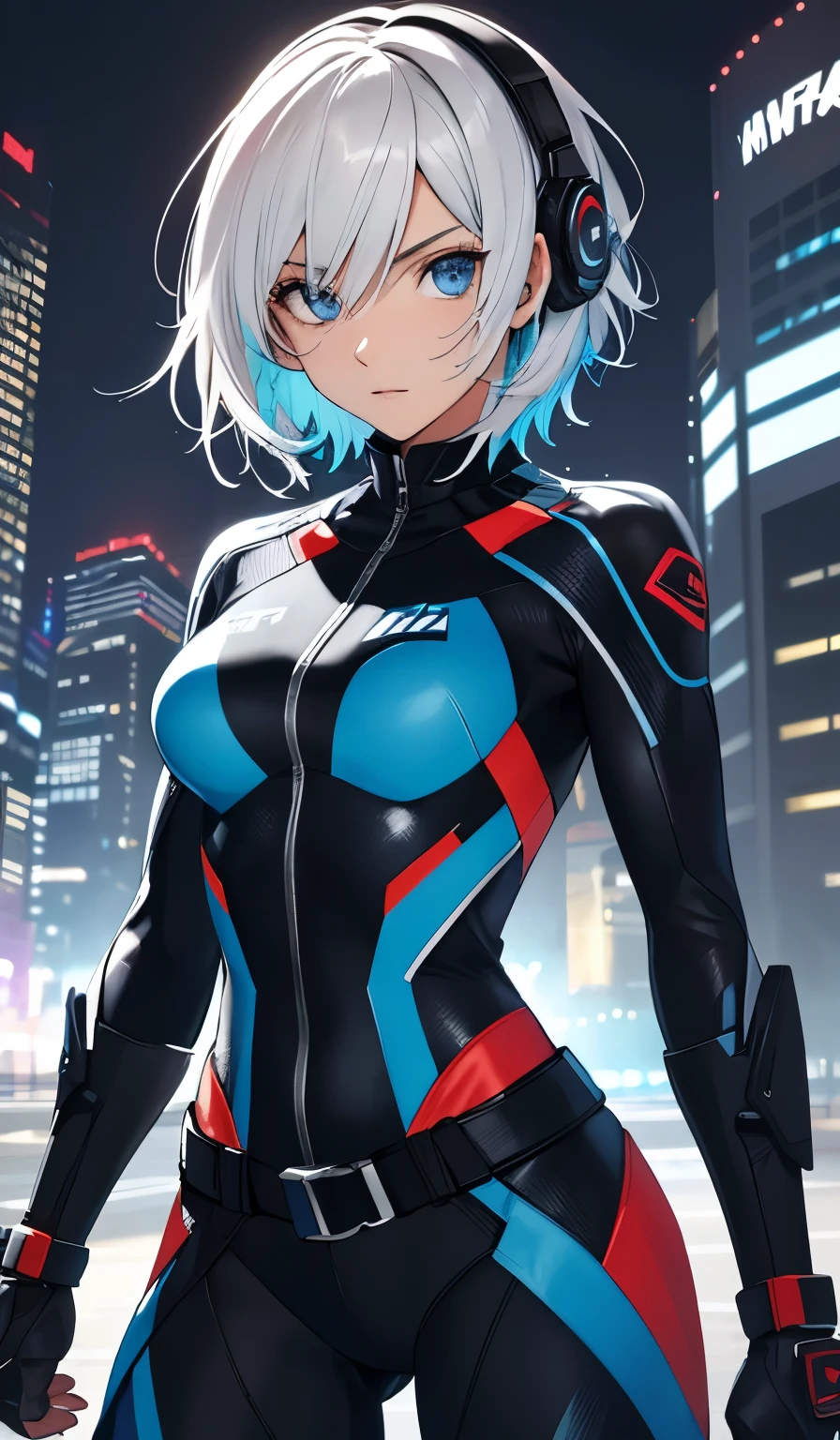 1 girl, short white hair, blue eyes, wearing tight suit, cyberpunk theme background, ultrasharp, 8k, masterpiece, looking at viewer