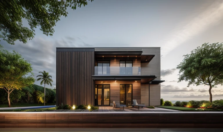 exterior house, contemporary style, white wall, wood wall, wood door, glass window, (realistic:1.2), Masterpiece, high quality, best quality, authentic, super detail, outdoors,road,pavement, grass, trees, sky, cloud, (daylight:1.1), modern luxury villa, coconut trees, greenery landscape, along the white beach, clear sky, day time, warm lighting RAW Photo, RAW texture, Super Realistic, 32K UHD, DSLR, soft lighting, high quality, film rating, Fujifilm XT3
