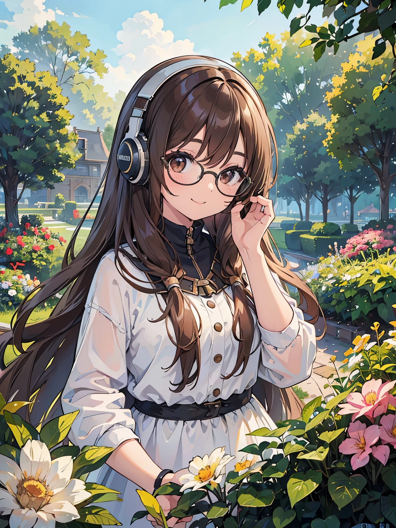 1 Female、Brown hair、Brown Eyes、Best Quality、Super detailed、8 Resolution、Raw photo、Mastepiece、Perfect Body、high resolution、highest quality、Detailed drawing、Vibrant colors、lure、smile、Long Hair、Black-rimmed glasses、Captivating breasts、Headphones、listen to music、garden
