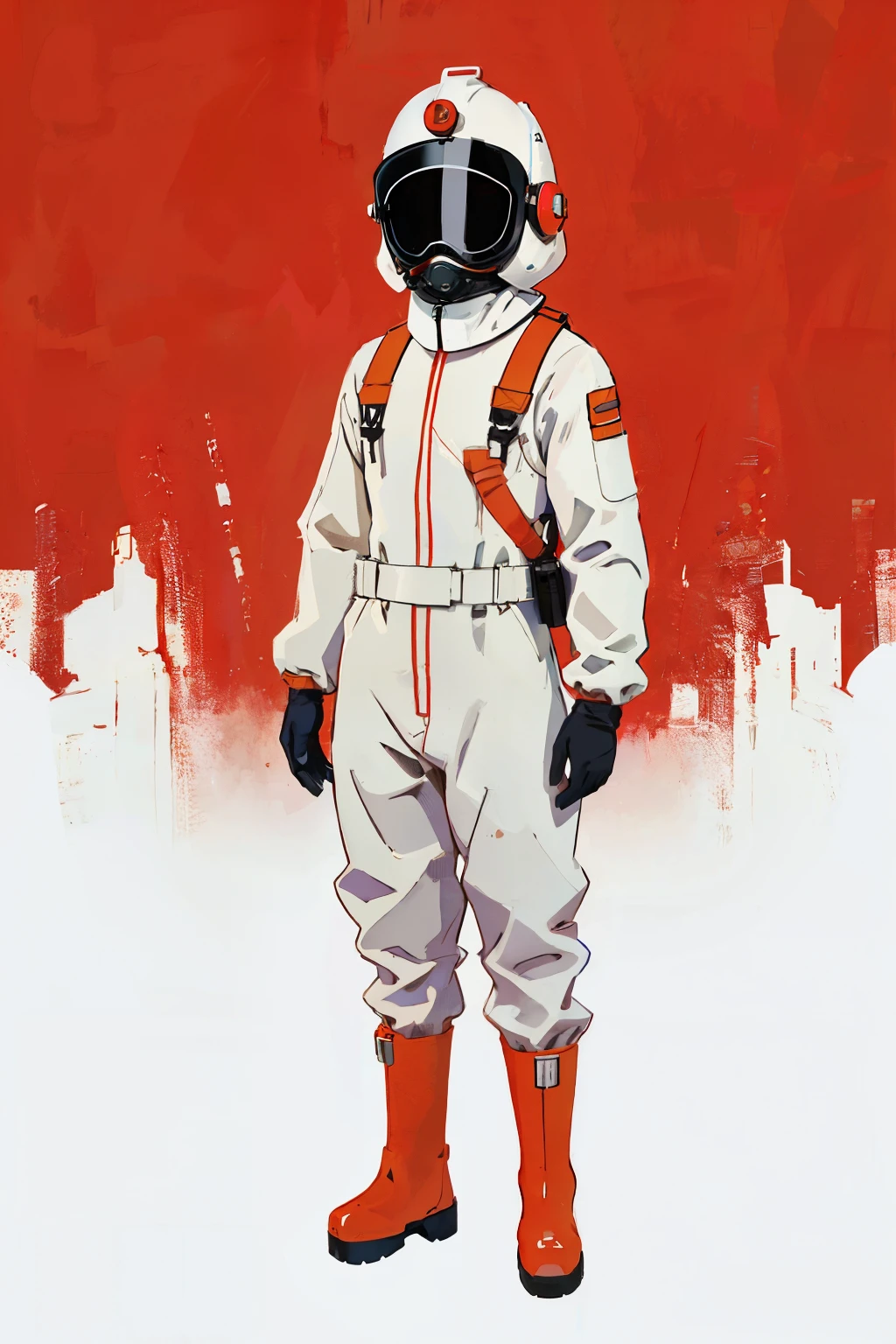  (ultra detailed,ultra high res,detailed background),((2D)),((flat color)),((muted color)), 1solo, looking at viewer, white hazmat suit, (big red galoshes), plush collar, full body image, square helmet