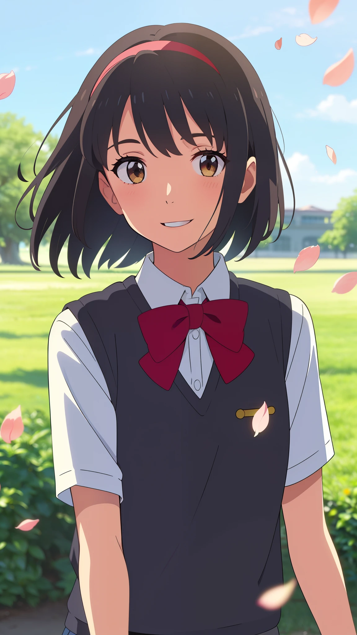 shinkai makoto, kimi no na wa., 1girl, bangs, black hair, blue sky, blush, bow, red bow, brown eyes, cloud, collared shirt, headband, red headband, looking at the audience, Negative Space, Outdoors, bow, red bow, red ribbon, Ribbon, shirt, short hair, sky, smile, sweater vest, upper body, vest, white shirt, yellow sweater vest, yellow vest, smile, happy, open mouth, cherry_blossoms, falling_petals, petals, branch, pink_flower, sky, sunlight, spring_season, wind, tree, Upper body portrait