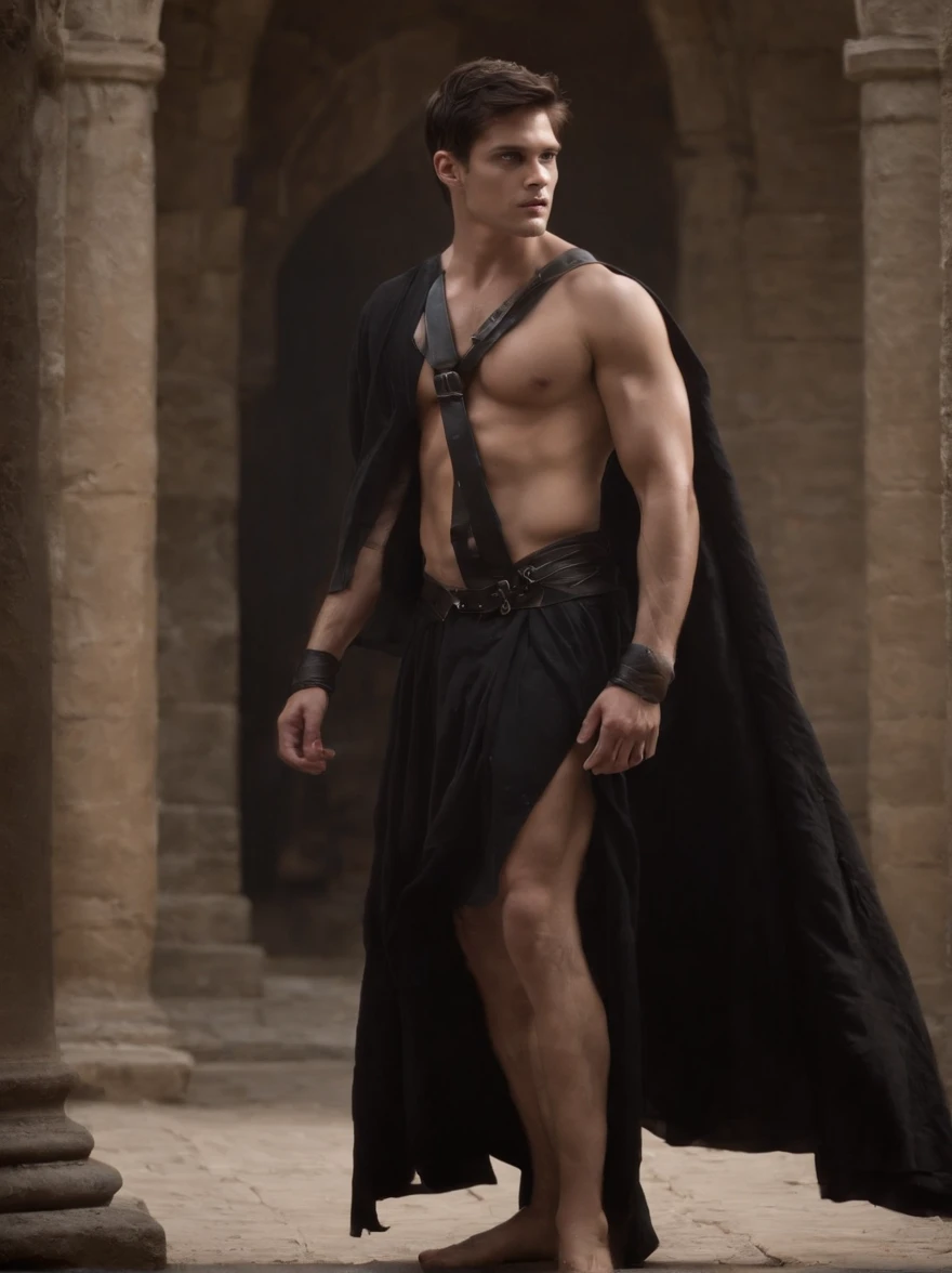 {Create a full-body shot dark fantasy illustration of} a shirtless, barefoot, pantless, 23-year-old male model with short dark hair who is {embodying} Devil's, the fallen angel, {who is looking at the camera and displaying his entire defined fit body, including his amazing abs, great chest, impressive arms, and  great legs, while wearing a skirt-like super short black loincloth}. {He should radiate flawlessness, with a deep dark and evil presence, short messy dark hair, a strong jawline, and great deep blue eyes}. {Position him} in a vast, gothic cathedral, {with the floor submerged in black whaters}, creating an ominous and supernatural setting. {Use} a combination of digital illustration techniques to {enhance} the dark fantasy aspect, {and include} intricate details in Devil's huge massive black wings coming out of his back, the wrinkles in his loincloth and his surroundings. {The full-body shot image should evoke} a sense of awe and dread, {capturing} the Devil's power while directly looking camera, hyper detail face, hd. 8k,