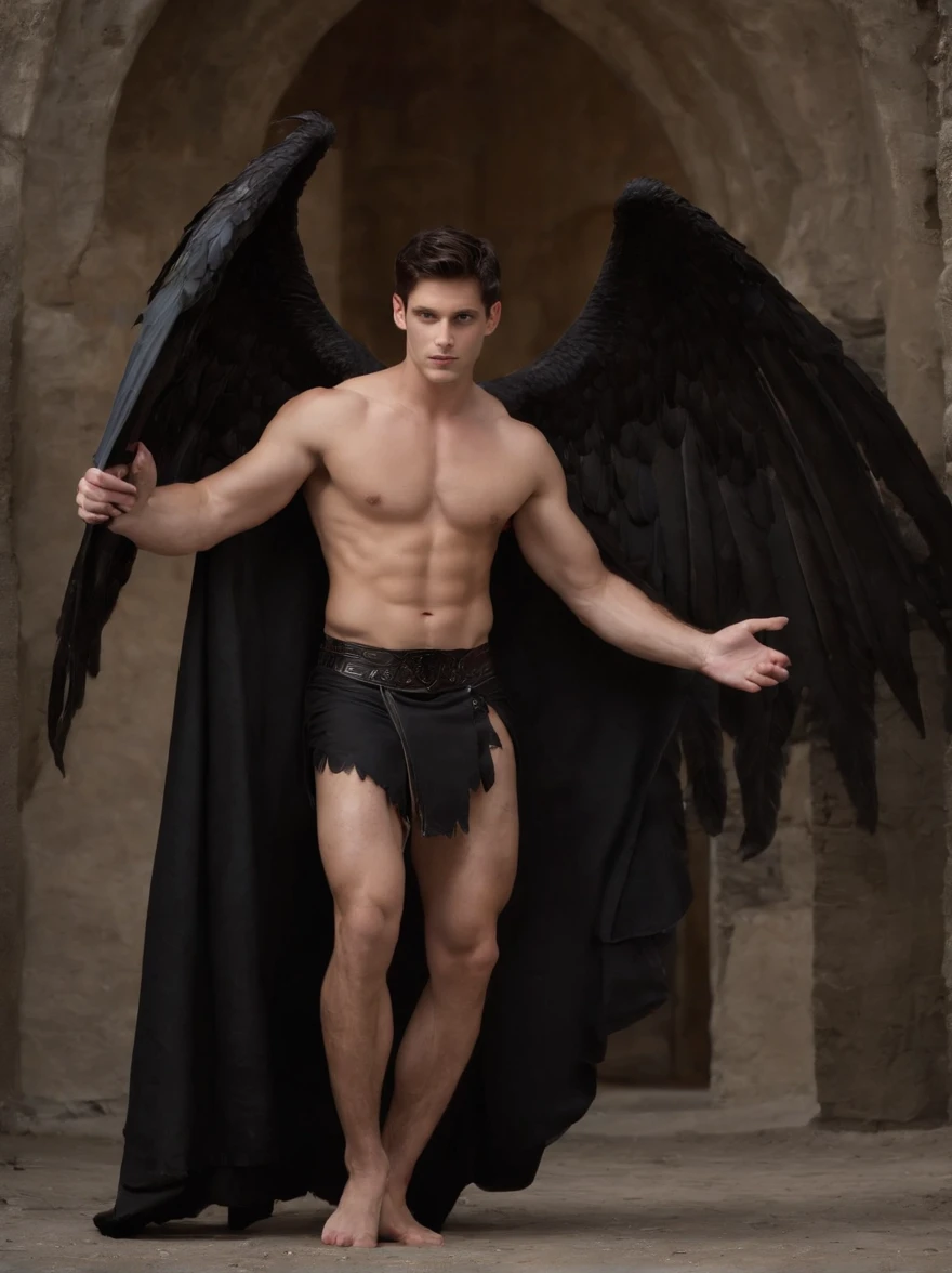 {Create a full-body shot dark fantasy illustration of} a shirtless, barefoot, pantless, 23-year-old male model with short dark hair who is {embodying} Devil's, the fallen angel, {who is looking at the camera and displaying his entire defined fit body, including his amazing abs, great chest, impressive arms, and great legs, while wearing a skirt-like super short black loincloth}. {He should radiate flawlessness, with a deep dark and evil presence, short messy dark hair, a strong jawline, and great deep blue eyes}. {Position him} in a vast, gothic cathedral, {with the floor submerged in black whaters}, creating an ominous and supernatural setting. {Use} a combination of digital illustration techniques to {enhance} the dark fantasy aspect, {and include} intricate details in Devil's huge massive black wings coming out of his back, the wrinkles in his loincloth and his surroundings. {The full-body shot image should evoke} a sense of awe and dread, {capturing} the Devil's power while directly looking camera, hyper detail face, hd. 8k,