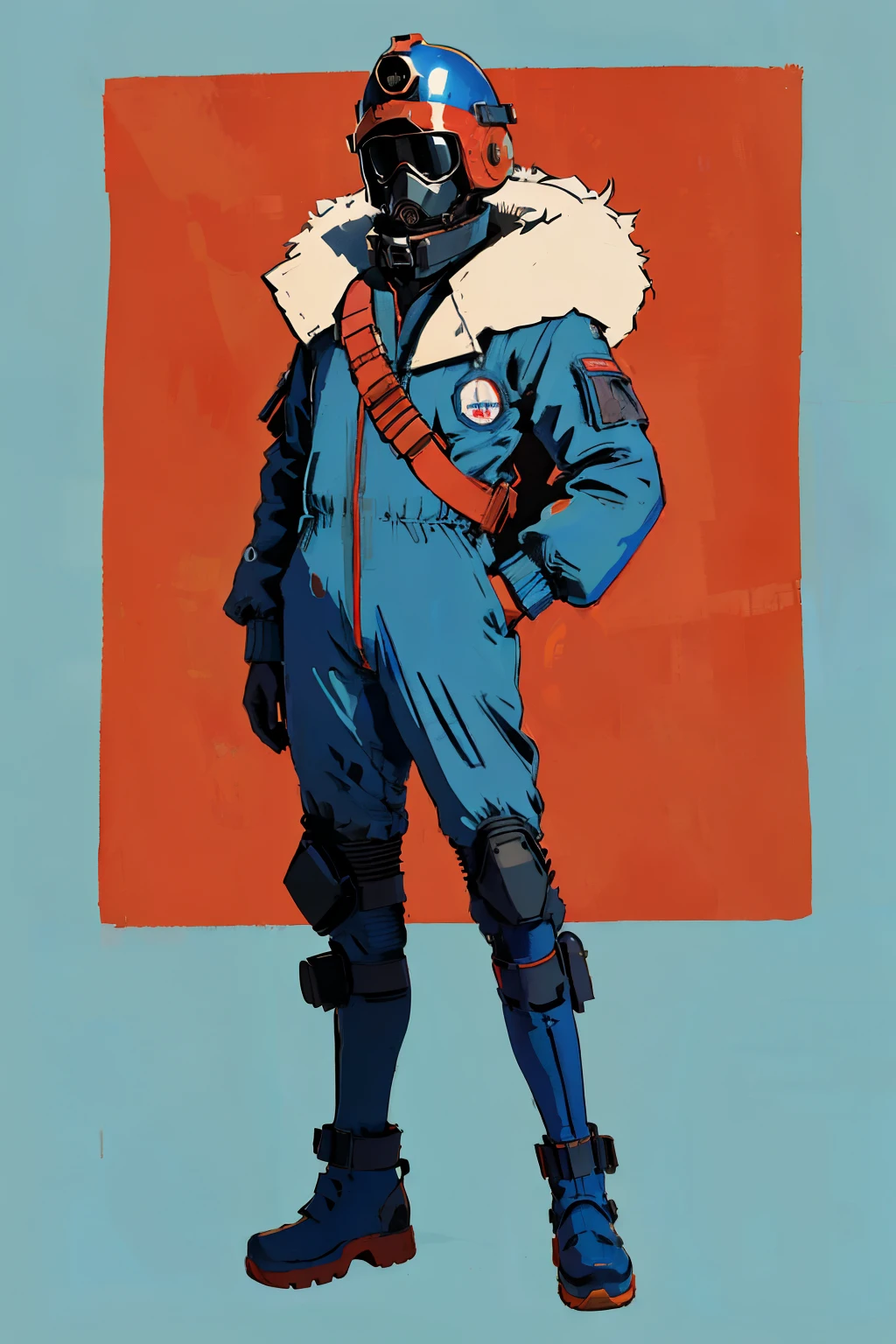 full body image, (ultra detailed,ultra high res,detailed background),((2D)),((flat color)),((muted color)), 1solo, looking at viewer, baggy flight suit, large fur collared bomber jacket, (big red galoshes), plush collar, full body image, square helmet, ((smokey blue background)), ((apocalyptic city)), entire body in frame, 