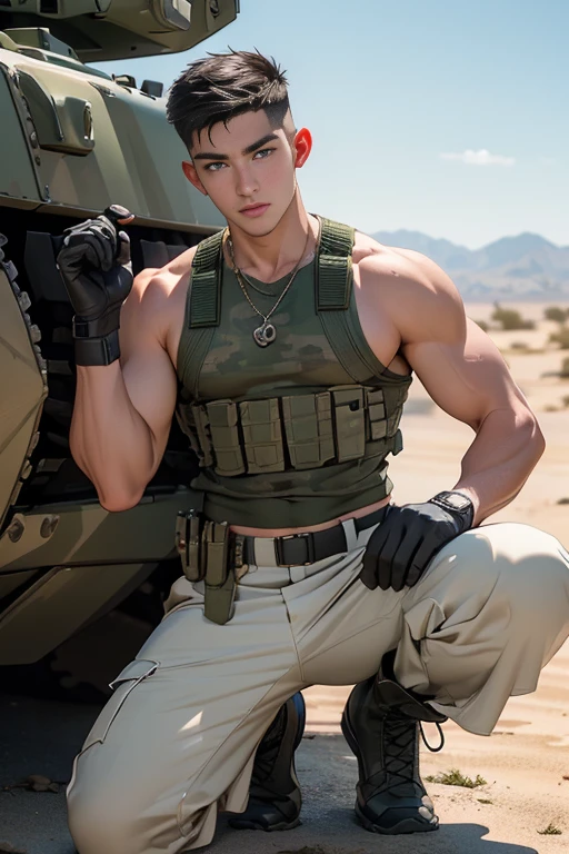((masterpiece)), ((best quality:1.2)), High Resolution, 8k, (ultra_realistic:1.3), (photorealistic:1.4), sharp focus, yaoi, 1boy, (perfect face), American soldier, half asian half caucasian, white man, handsome sexysoldier, camouflage pants, tank top, dog tags, gloves, boots, ammunition belt, desert environment