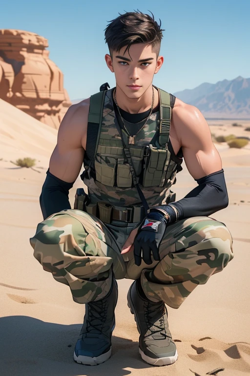 ((masterpiece)), ((best quality:1.2)), High Resolution, 8k, (ultra_realistic:1.3), (photorealistic:1.4), sharp focus, yaoi, 1boy, (perfect face), American soldier, half asian half caucasian, white man, handsome sexysoldier, camouflage pants, tank top, dog tags, gloves, boots, ammunition belt, desert environment