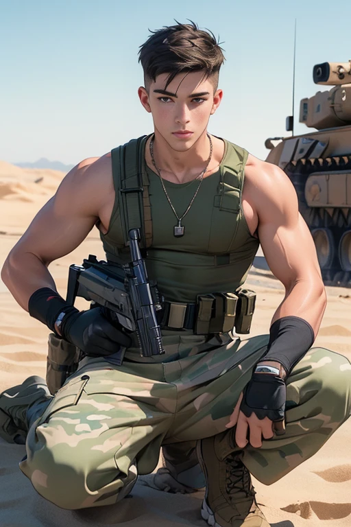 ((masterpiece)), ((best quality:1.2)), High Resolution, 8k, (ultra_realistic:1.3), (photorealistic:1.4), sharp focus, yaoi, 1boy, (perfect face), American soldier, half asian half caucasian, white man, handsome sexysoldier, camouflage pants, tank top, dog tags, gloves, boots, ammunition belt, desert environment