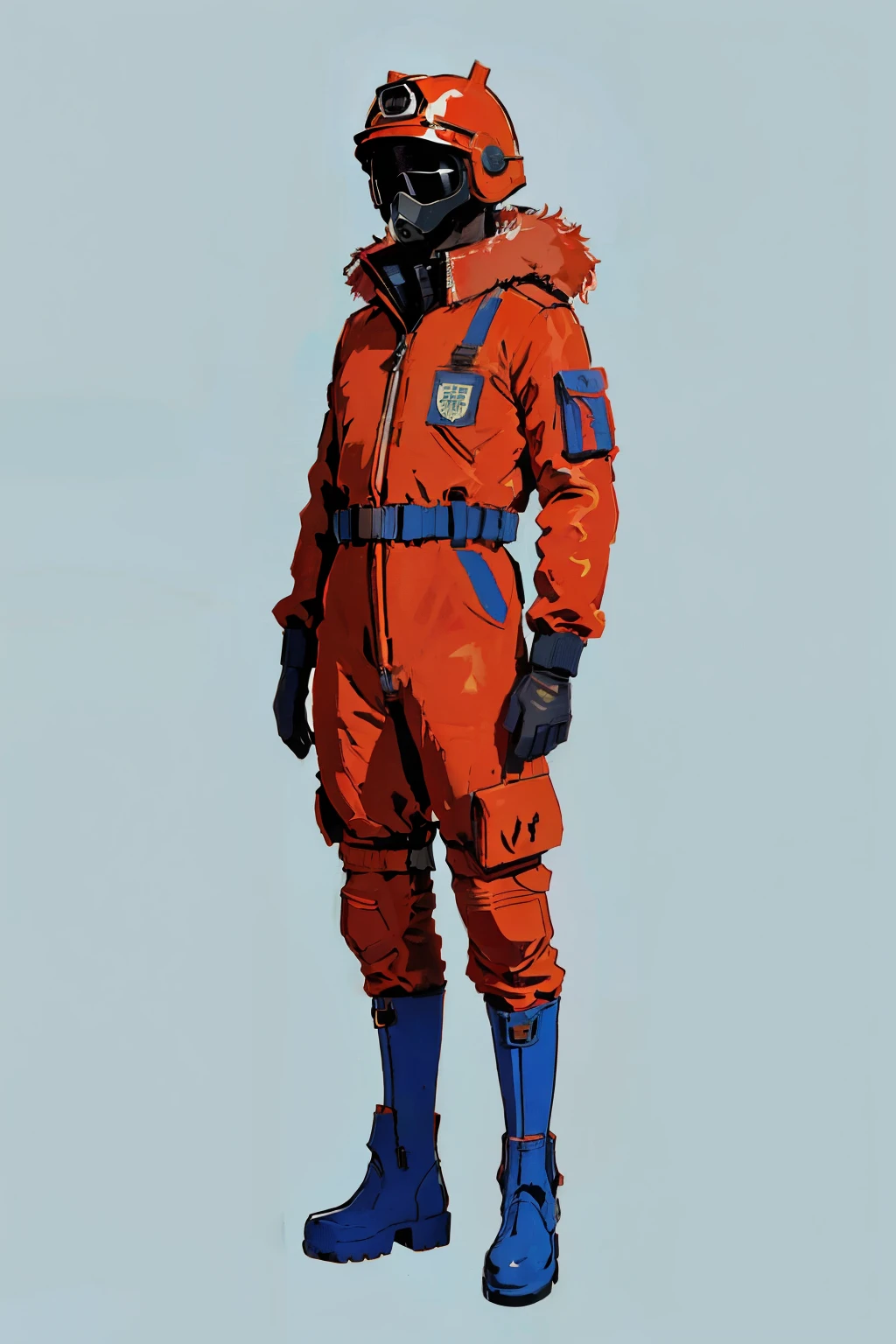 full body image, (ultra detailed,ultra high res,detailed background),((2D)),((flat color)),((muted color)), 1solo, looking at viewer, baggy flight suit, large fur collared bomber jacket, (big red galoshes), plush collar, full body image, square helmet, ((smokey blue background)), ((apocalyptic city)), entire body in frame, 