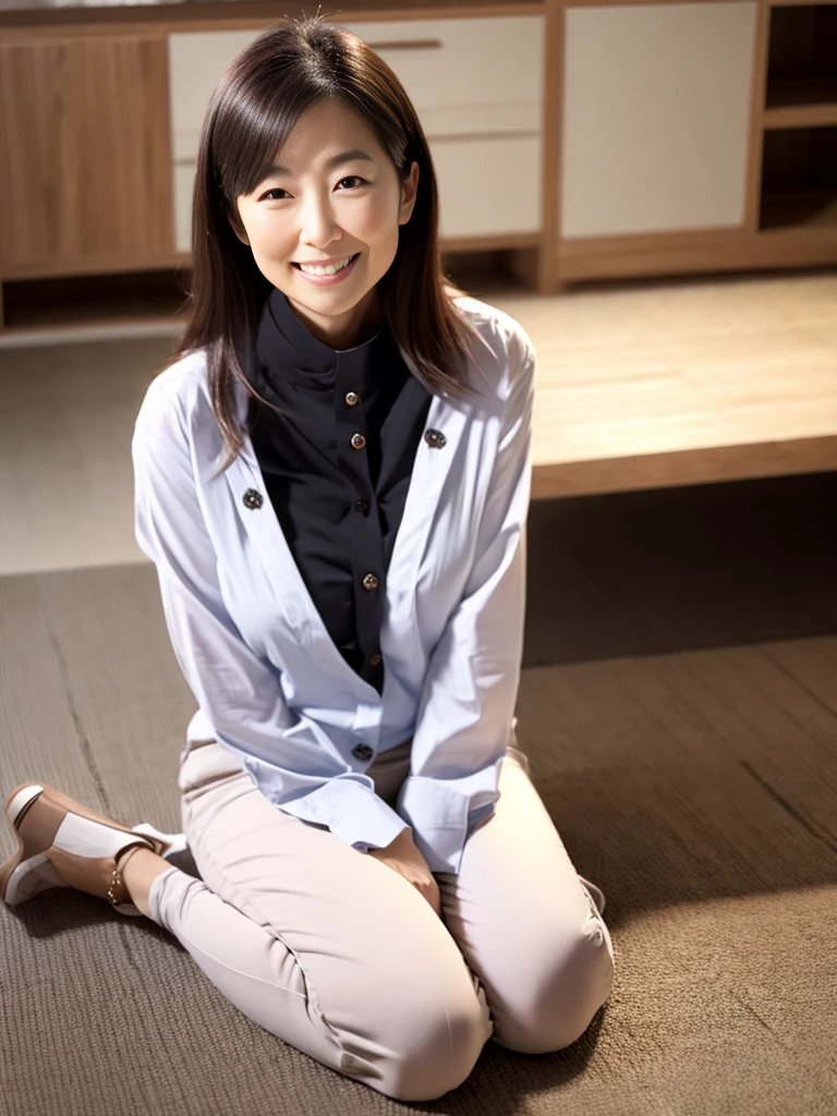 50 year old mature woman、Japanese women、sexy,Fine skin、Star Piece、Beautiful breasts High quality、Perfect Sentence、so beautiful、High resolution face、Light makeup、Beautiful ass high quality、Glowing Beautiful Skin、Glowing Beautiful Skin step piece、Transparent beauty、Realistic、smile、Looking at the camera、Whitening skin、maStar Piece、Wavy Hair、Girlfriend、A tight-fitting shirt with a collar and buttons、Tight exyな下着、Large Breasts、Wrinkles around the eyes、Thin and beautiful legs、Slender