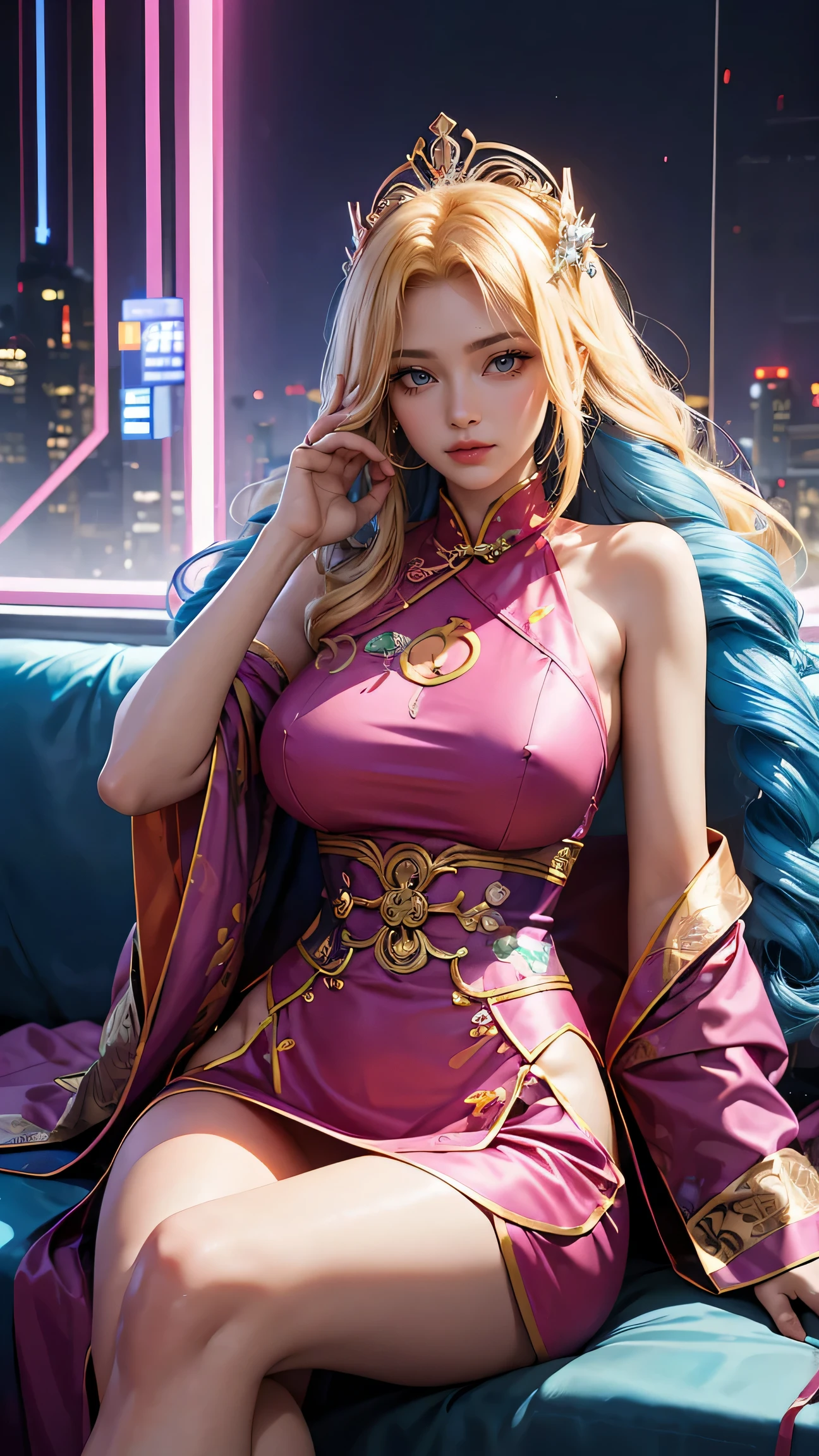 a woman in cheongsam, chinese_clothes, in pink, neon light, mechanical arm, mechanical leg, 1girl, drill hair, long hair, blonde hair, gradient hair, yellow eyes, solo, huge breasts, big hair, blue hair, tiara, divine goddess, looking at viewer, indoors, cyberpunk city, Headdress, hair ornament, a high-tech city, full of machinery and futuristic element, futurism, technology, sitting on sofa, astraea, cyberhanfu 