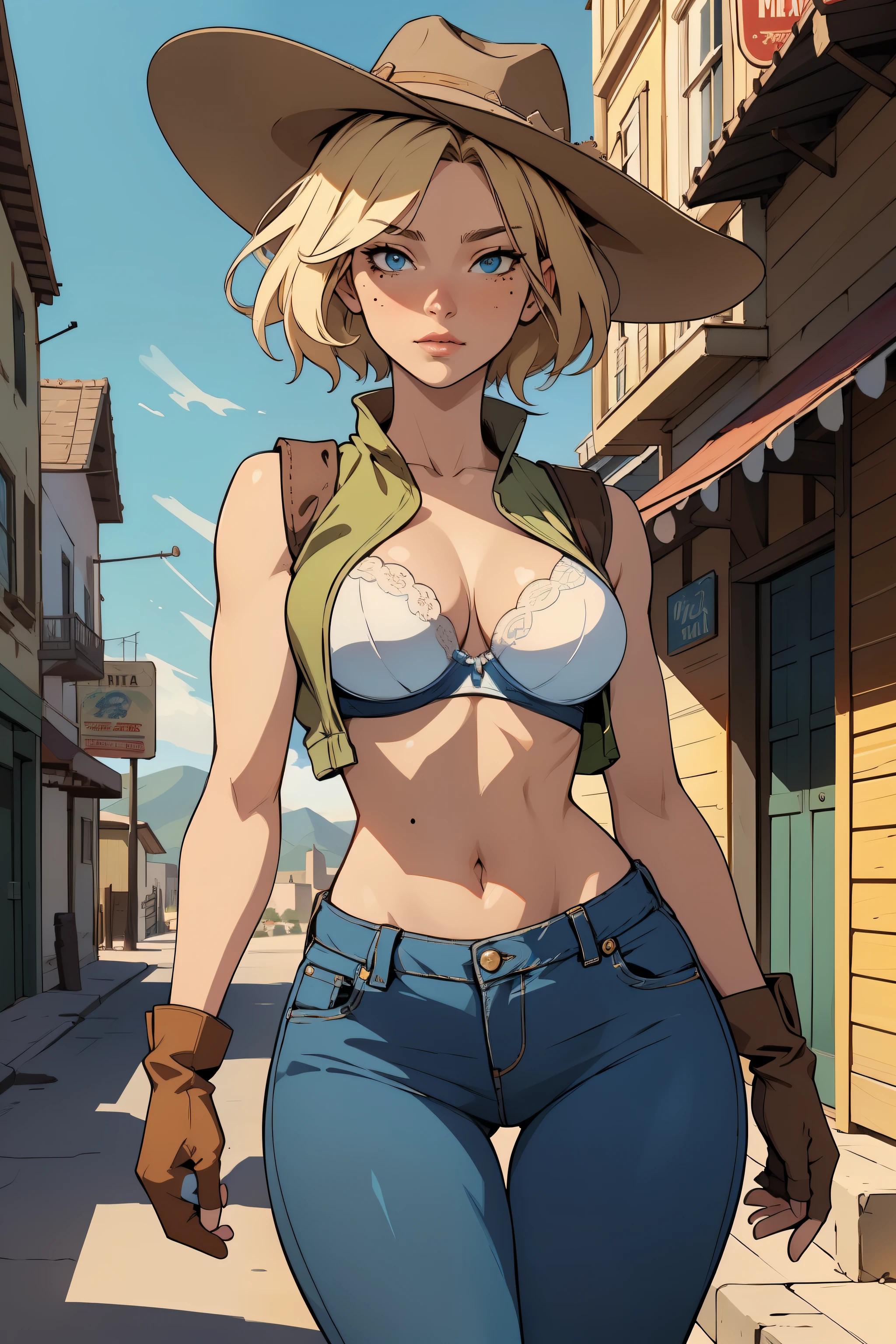 vibrant color, saturated color, colorful, 1girl, cowboy hat, beautiful face, white bra, green vest, no sleeve, navel, blue jeans, brown boots, fingerless gloves, short hair, blonde hair, parted bangs, blue eyes, mole under right eye, American old west, best quality, masterpiece, sensual but confident pose, thigh gap, wild west, sunny background, town background