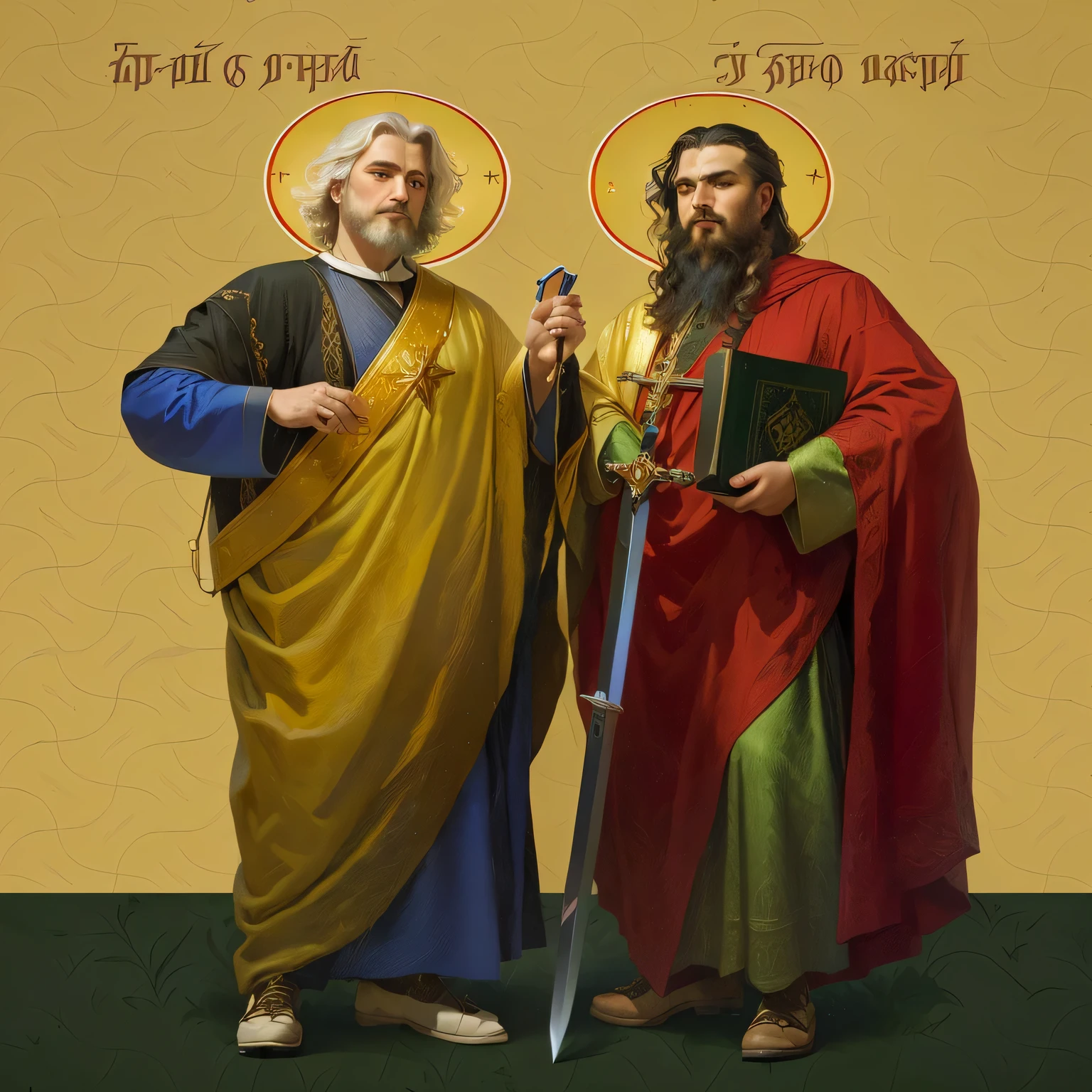two men in robes holding a sword and a book, Petros e Leonid, Santo, orthodox icon neo-gothic, orthodox icon, por Serhii Vasylkivsky, orthodox Santo, por Stefan Gierowski, roman catholic icon, barabas miklos e hollosy simon, iconografia sagrada, munkácsi and hollósy simon