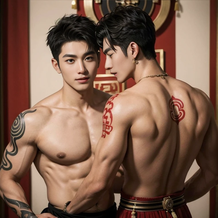 Two  handsome boys kissing, smiling at each other, catching eyes ,hugging, kissing, touching lips, cuddle, romantic,skin ship, Chinese Men God, Mythology, realistic, Chinese odyssy, super Handsome,manly,  kpop idol, handsome korean actor, 20 years old,, detailed face, manly jawline, detailed mess curly styling hair,  Topless, Muscles, big breast Athlete body, Full Frame,full body shoots, Sexy, realistic, human skin, tattoo breast, Professional studio Lighting, long red tibet wedding Outfit, jade and golden pendent all over , detailed jewery in dress, earings,Chinese ancient wedding Background,out door, super detailed background,look at camera ,  open mouth, sexy Underneathe Underwear, tibet Warrior, Hanfu  red wedding dress,  tibet Male, tibet Nobel, Seduce , bare chest , tattoo chest, tattoo arms, tattoo hands, tattoo back, tattoo legs , detailed tattoos, big juicy butts, bare butts