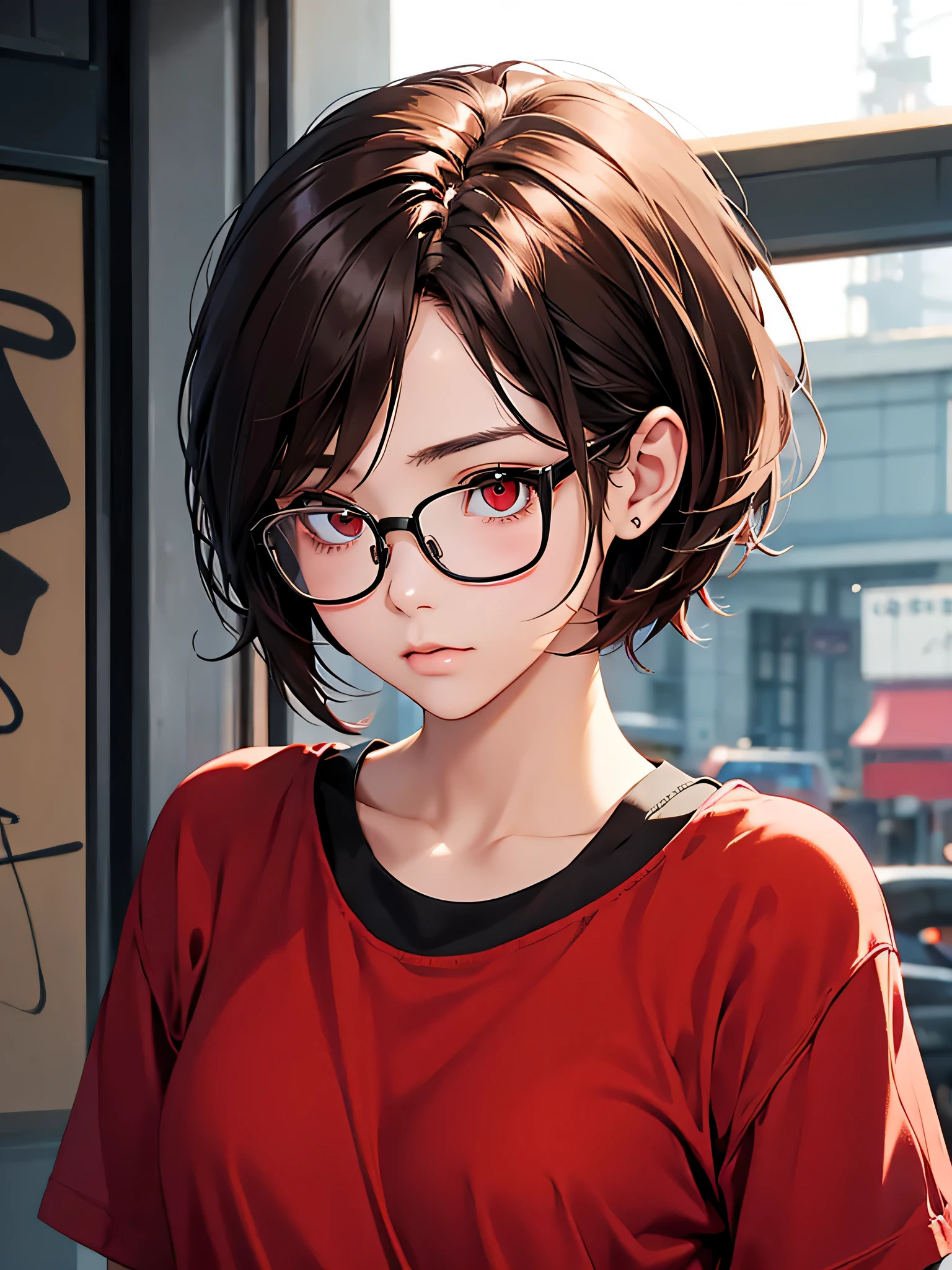 a masterpiece portrait of a beautiful young woman with a small face and angry expression, wearing red glasses , wearing a and a short skirt, in an office setting, shot with a DSLR camera, high-quality 8k UHD image with realistic skin details, detailed facial features, rim lighting, pink hair