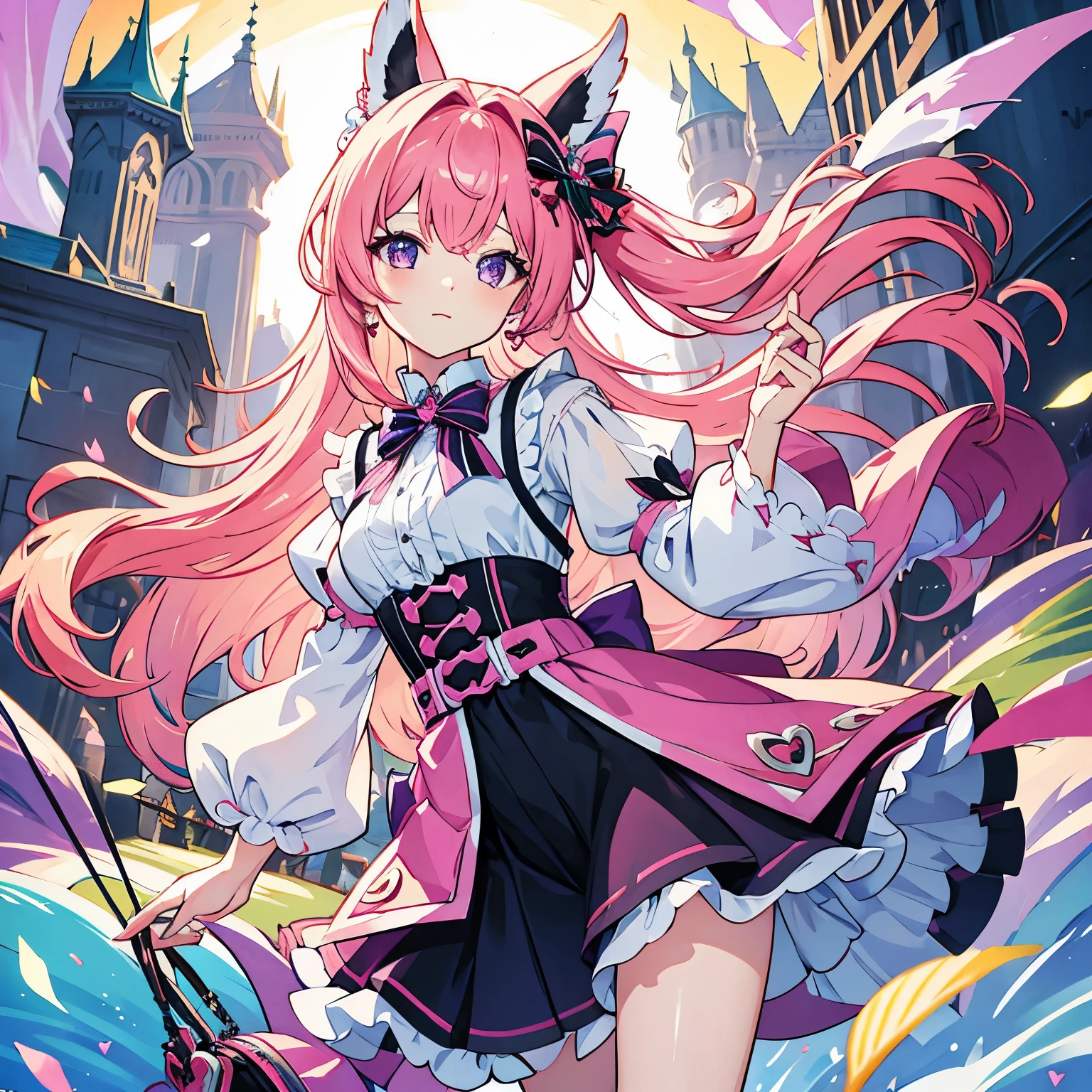 fantasy world girl with colorful hair, accessories, outfit detailed with bow, pink hair, purple eyes, wearing black shorts